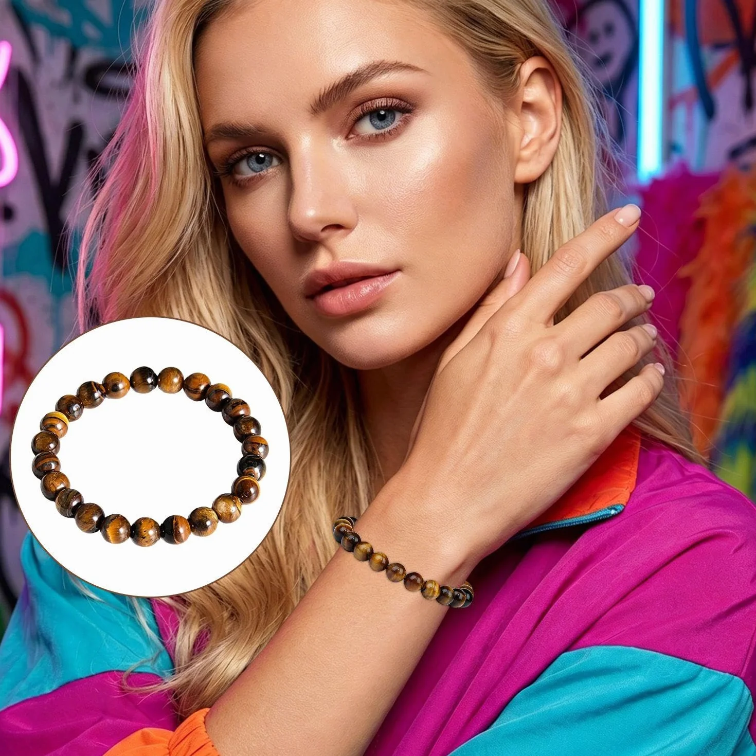 2 Bransoletki z kamienia tygrysa oko kamień naturalny brokat elastyczna lina smycz Unisex Codzienna biżuteria na wszystkie mecze