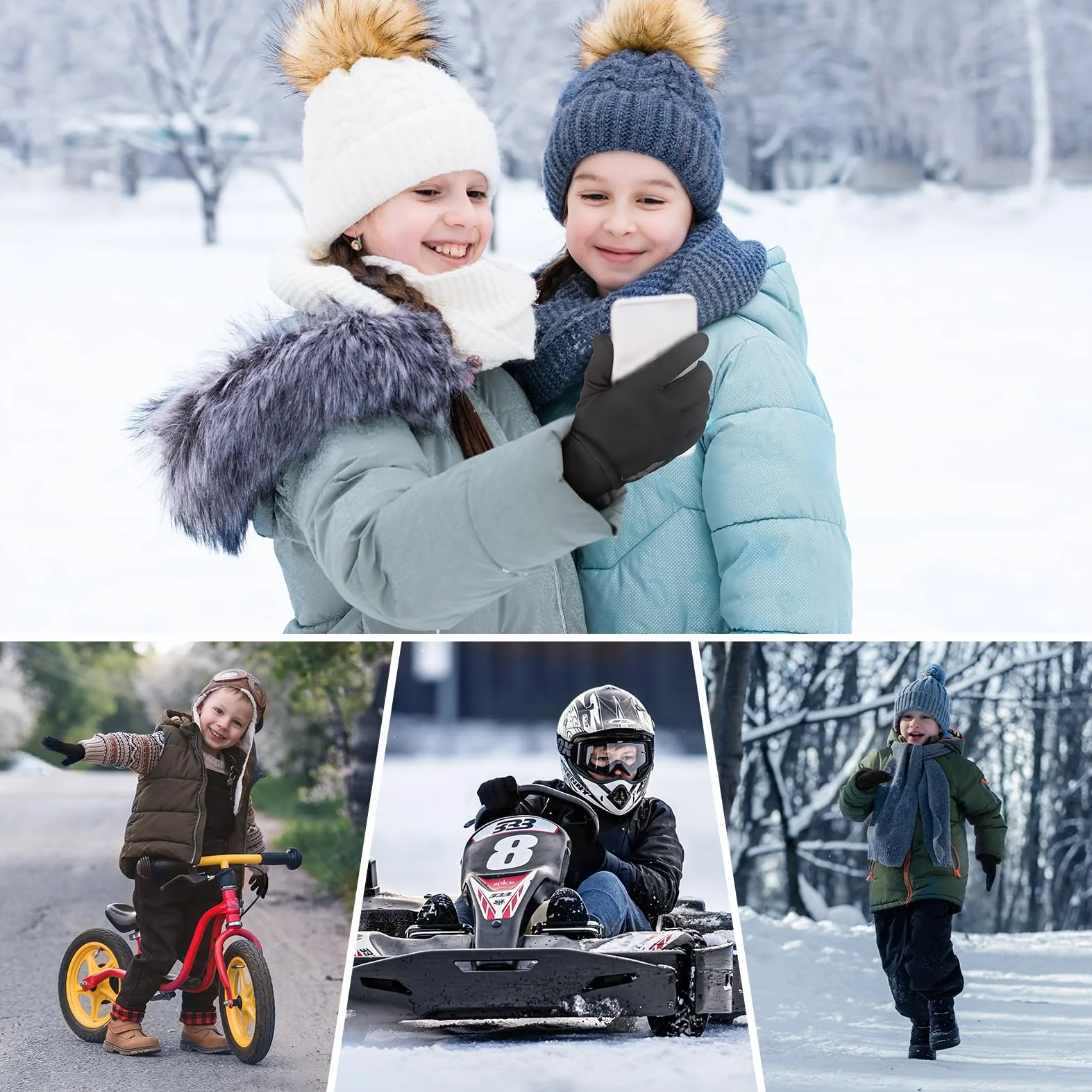 Rękawiczki rowerowe dla dzieci, do obsługi ekranów dotykowych, zimowe, sportowe, dla dzieci, chłopców, ciepłe, wiatroszczelne, do jazdy na świeżym powietrzu, 4-12 lat