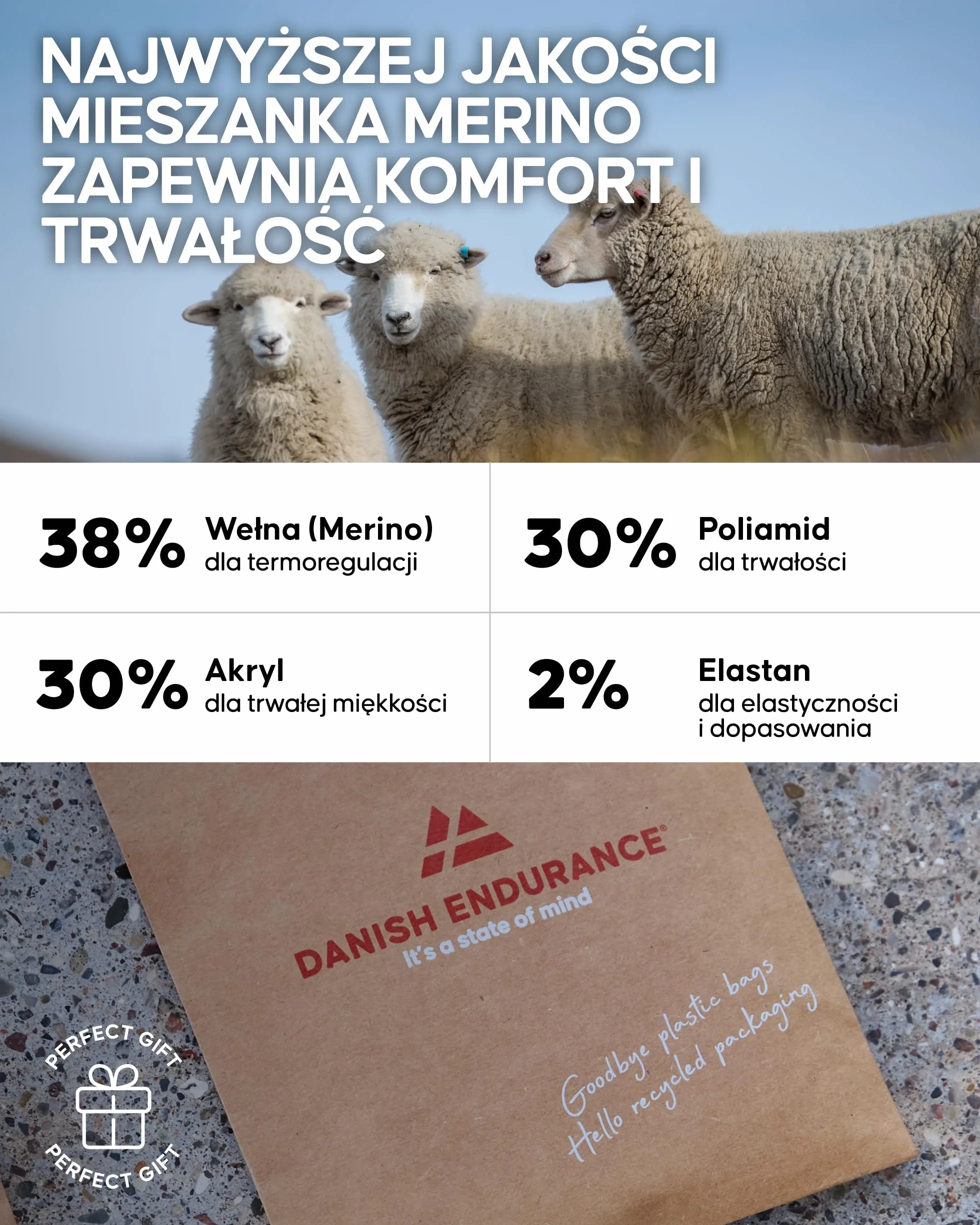DANISH ENDURANCE Zestaw skarpet do chodzenia na świeżym powietrzu, wełna merynosowa dla mężczyzn i kobiet, 3-pak