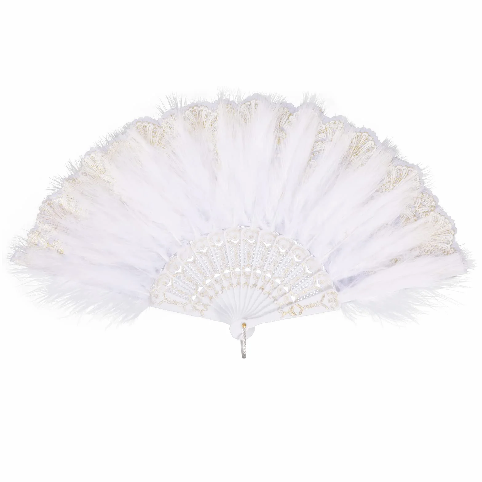 MWOOT Marabou wachlarz z piór, lata 20., haftowany kwiatowy wachlarz piór, ryczący wachlarz w stylu vintage lat 20. do kostiumu na Halloween, taniec, pokaz herbaciany, przyjęcie weselne, dekoracja - biały