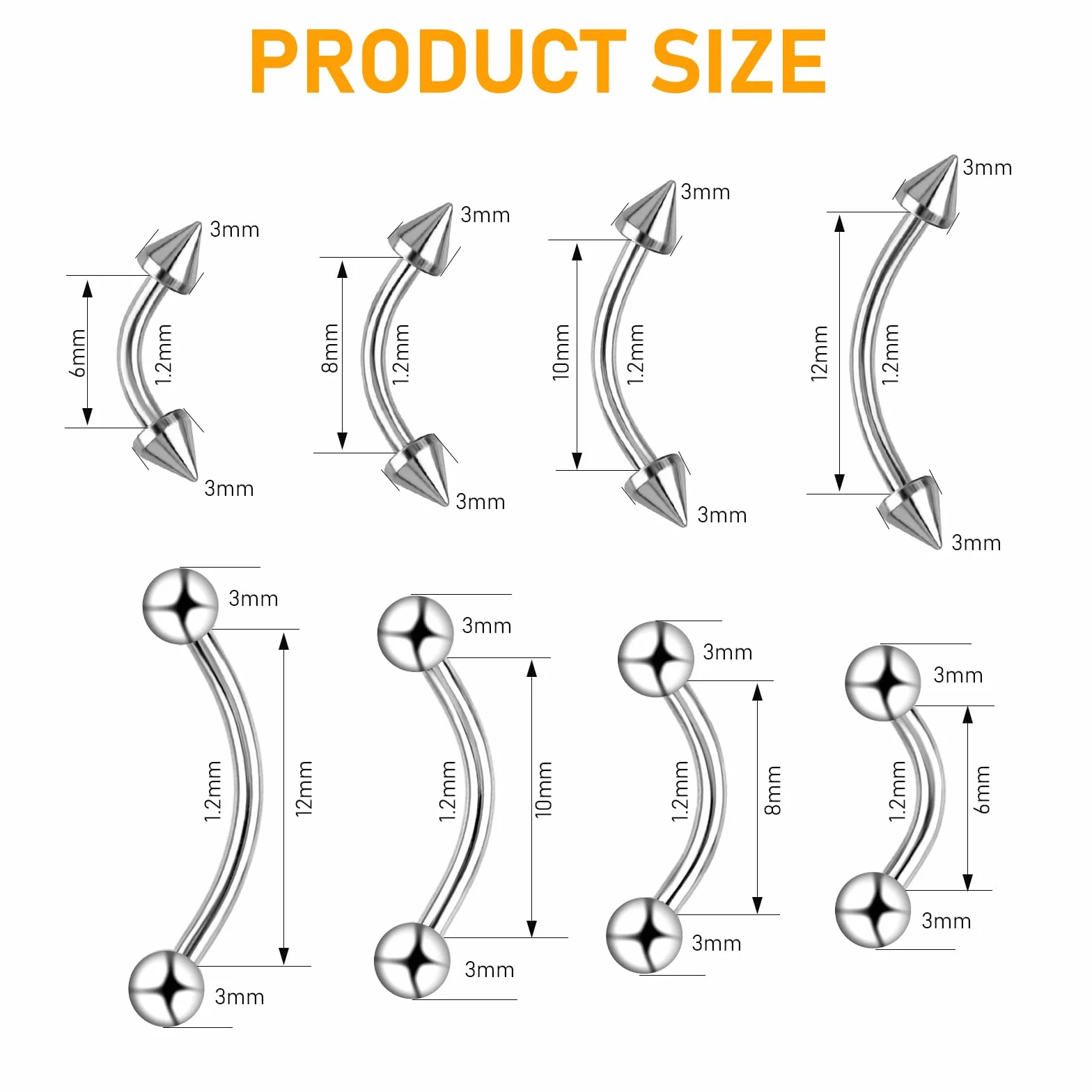 Yolev 16 sztuk biżuteria do piercingu brwi Stal szlachetna Kolczyki do nosa Kolczyki do warg Kolczyki do brwi Kolczyki bananowe Wygięty barbell do ozdabiania nosa, warg i brwi (6 mm/8 mm/10 mm/12 mm