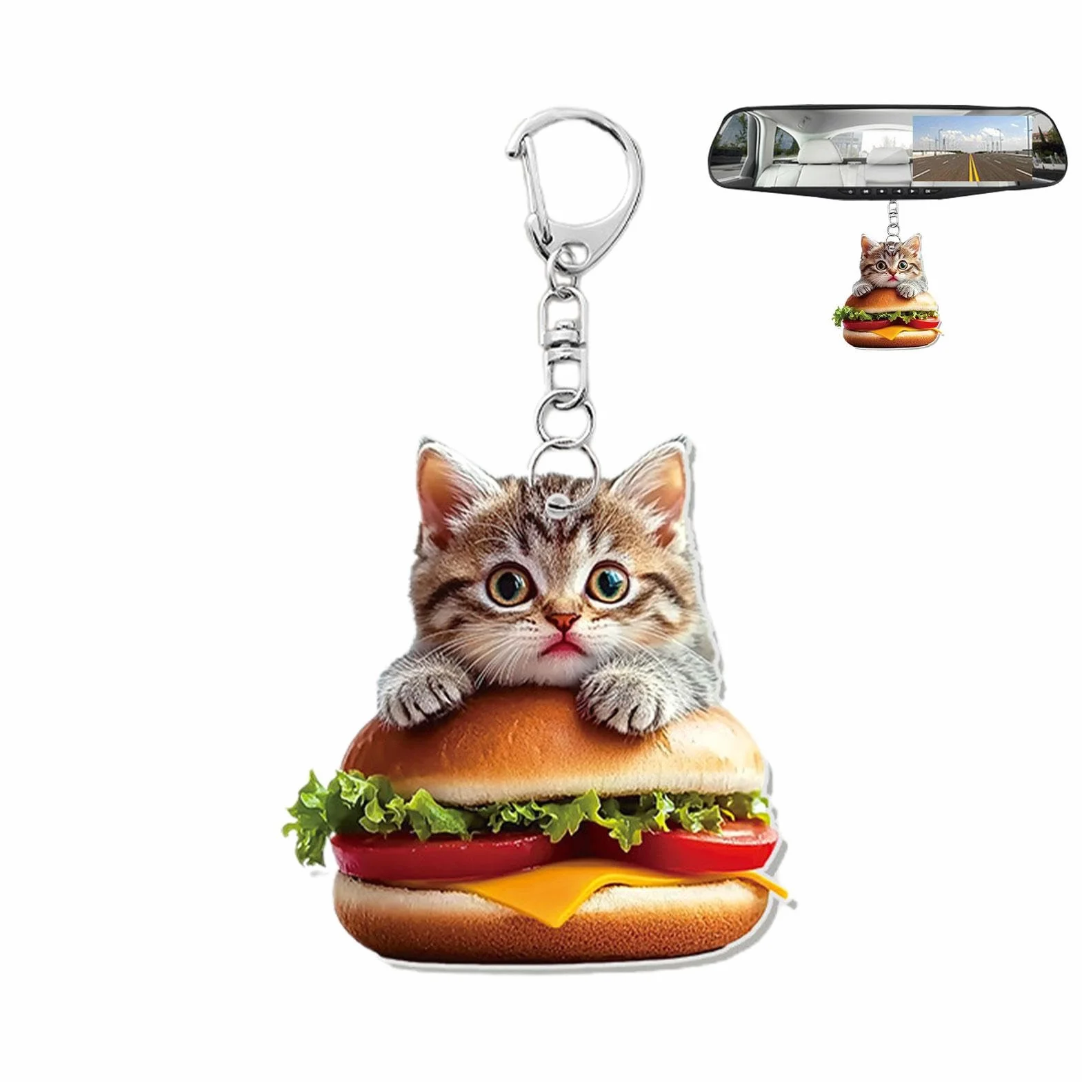 Breloczek do kluczy z motywem kota z hamburgerem, zawieszka do torby na żywność, symulacja kociaka, breloczek do kluczy z klipsem, akrylowy breloczek do torebki, zabawny breloczek do kluczy do Rucksy