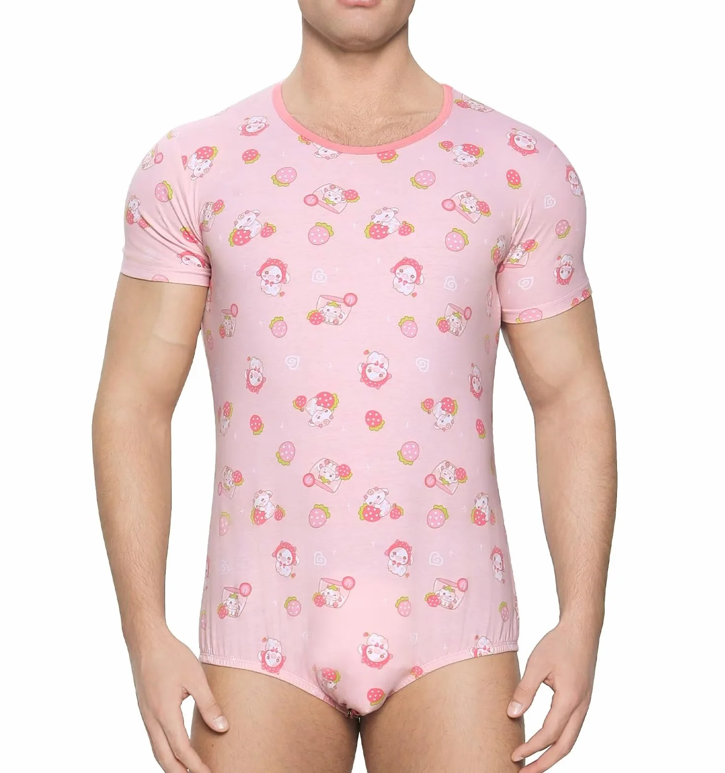 Landofgenie Body męskie z krótkim Rękawem Jednoczęściowy T-shirt z nadrukiem Piżama Trykot Oddychająca Bawełniana Koszulka na Ramiączkach Strawberry Cow