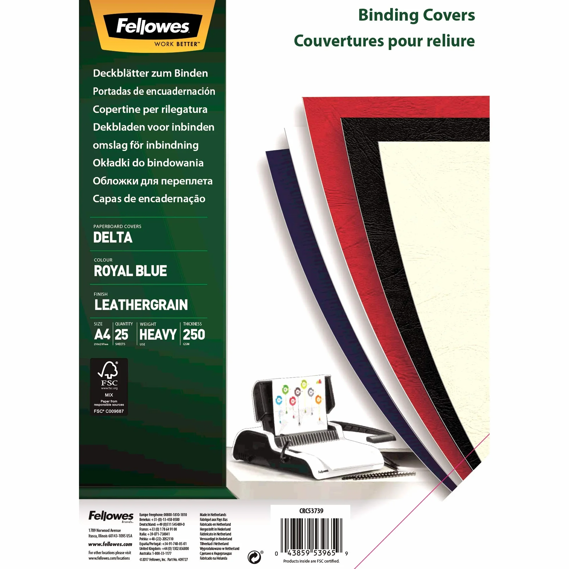 Fellowes W 100% nadające się do recyklingu pokrowce ze skóry ekologicznej A4, wytrzymałe, 250 g/m², pokrowce prezentacyjne - FSC, niebieskie, 25 sztuk