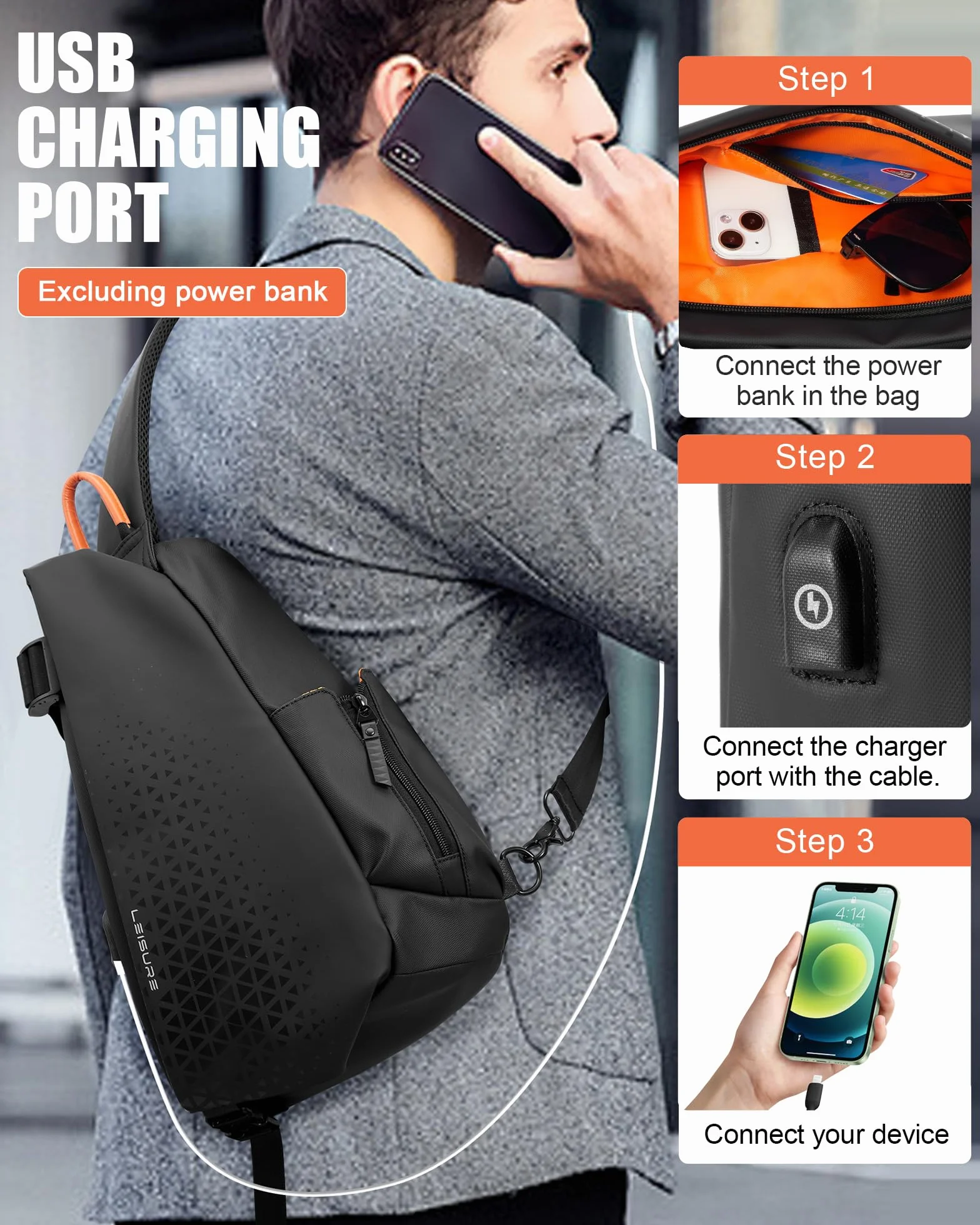 SZSYCN Torba na ramię Torba na klatkę piersiową Cross Body Torba na ramię dla mężczyzn Wodoodporna torba na klatkę piersiową z portem ładowania USB Torba męska dla biegacza