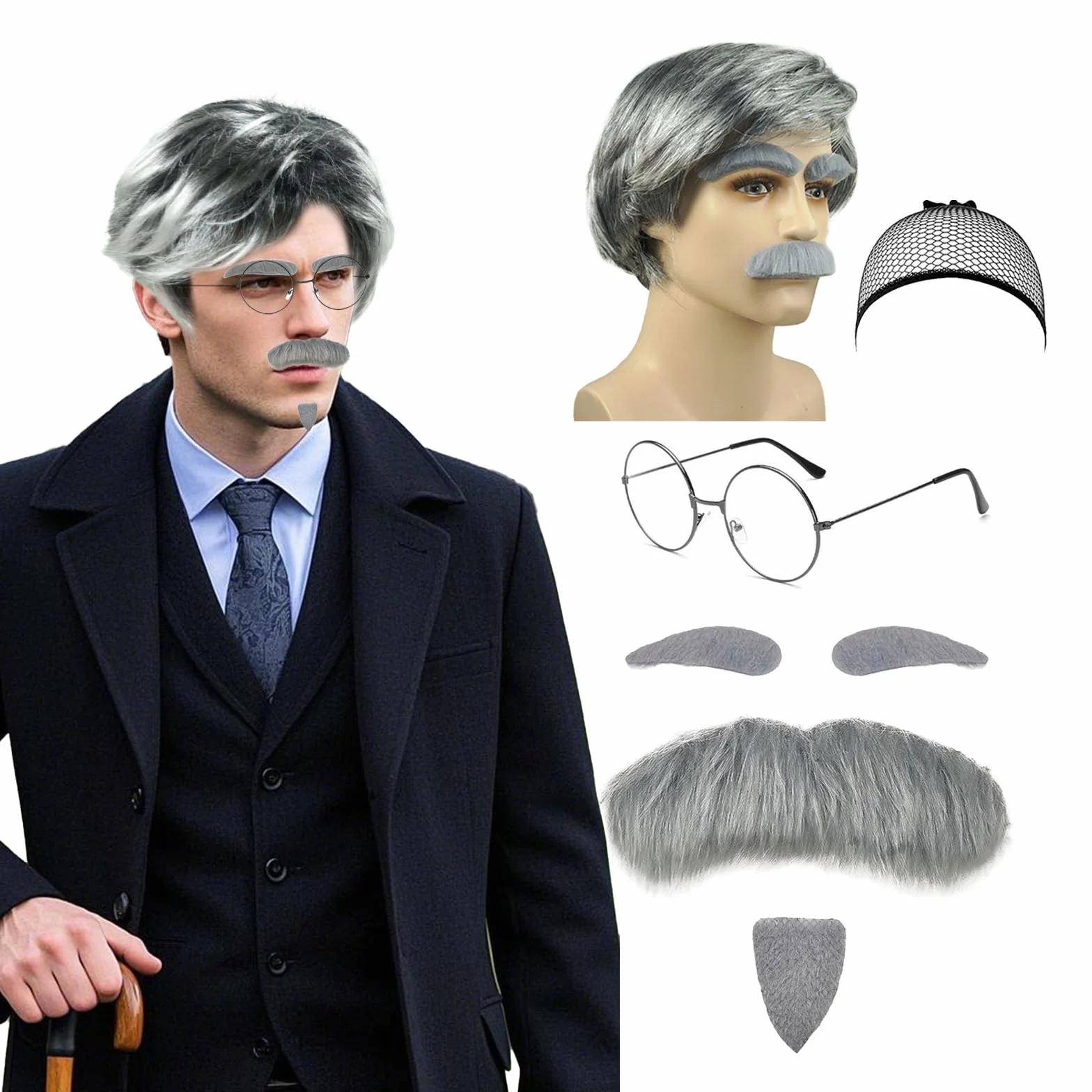 7 sztuk zestaw peruk do kostiumu dziadka, kostium emeryta, cosplay, dziadka, broda, brwi, peruka, czepek pod perukę, starszy mężczyzna, kostium, peruka dziadka, na Halloween, karnawał, akcesoria