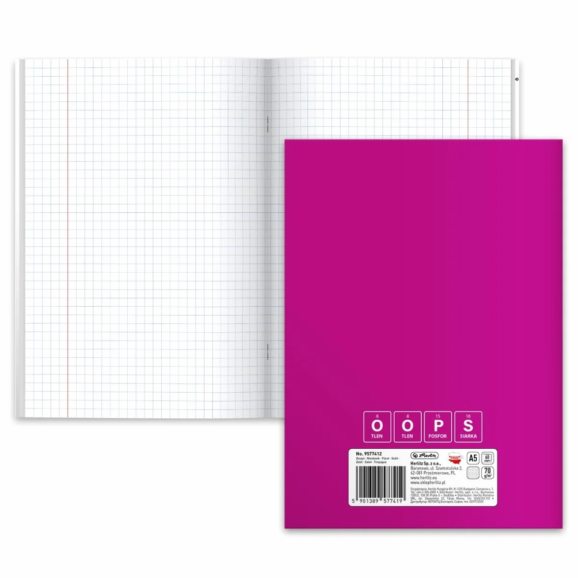 Herlitz Zeszyt szkolny A5 w kratkę 60 kartek Przedmiotowy, Miękka okładka, Brulion Notatnik Szkicownik, Do pisania Kaligrafii Szkoła Studia Praca Ucznia, Uniwersalny, Chemia