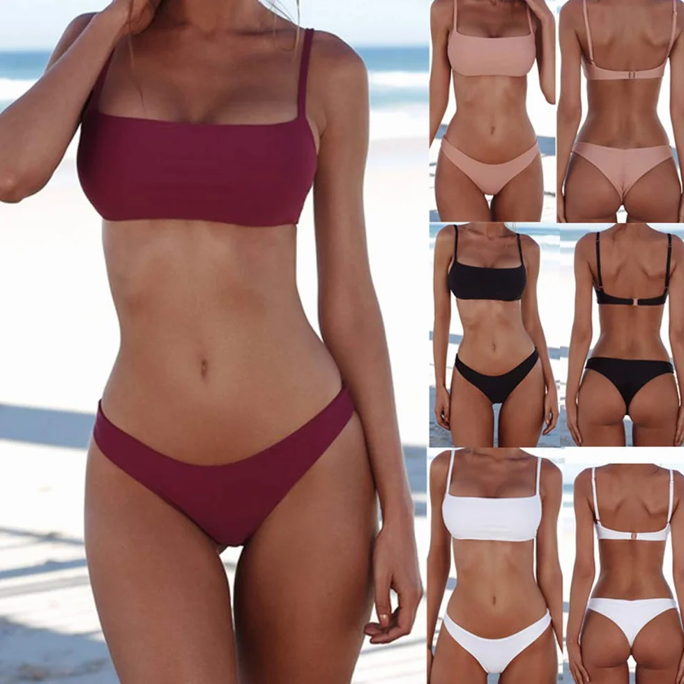 meioro Kostium kąpielowy Bikini Damski,Solid Color Swimsuit Summer,Seksowny swimwear,Stroje kąpielowe z Rozcięciem Nie Mają Fiszbin i Ochraniaczy Na klatkę Piersiową(Różowy,S)