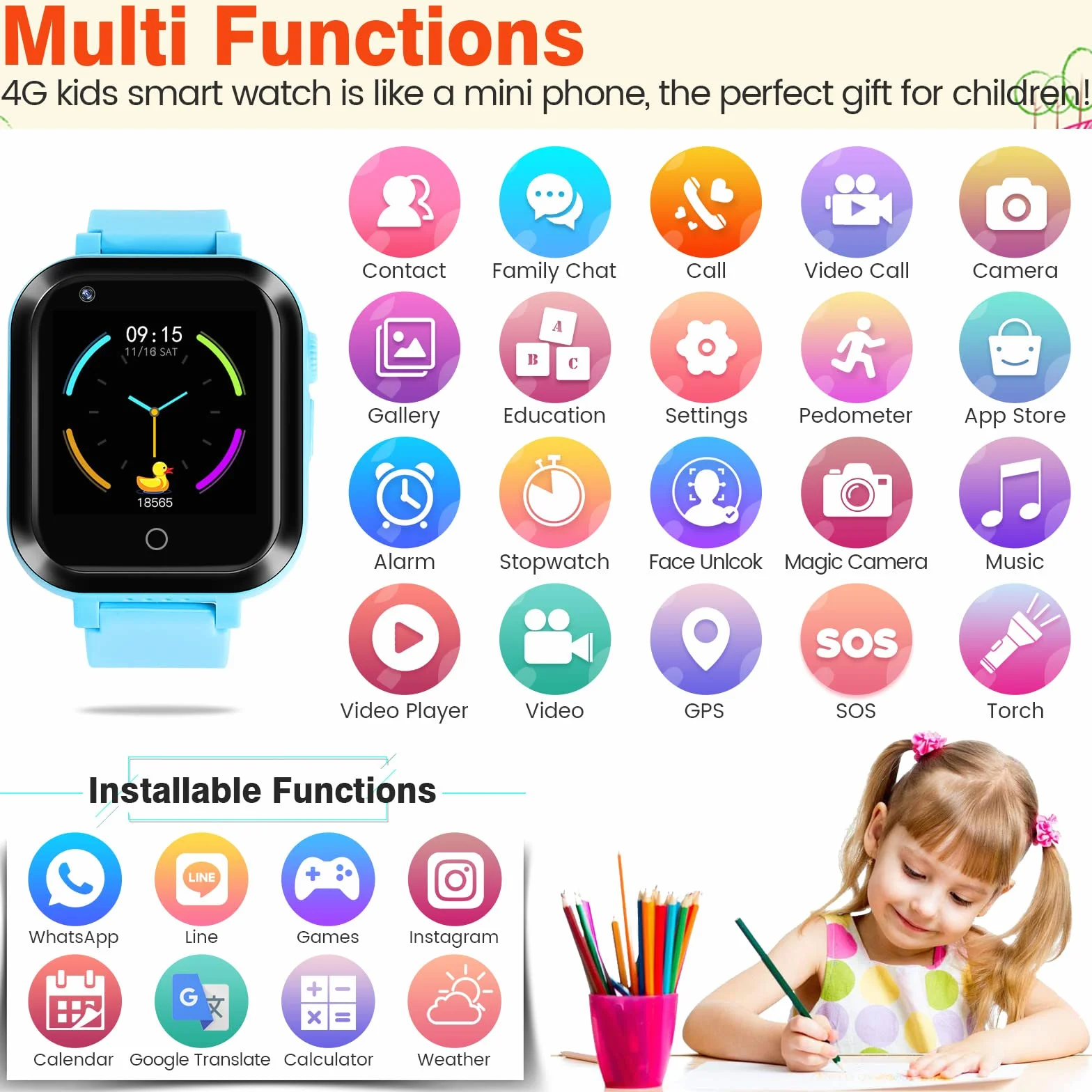 Smartwatch dziecięcy 4G IP67, wodoszczelny zegarek dziecięcy z pozycją GPS, aparatem, SOS, połączeniami, krokomierzem, ekranem dotykowym, wideo-chat, Smart Watch dla chłopców i dziewczynek (niebieski
