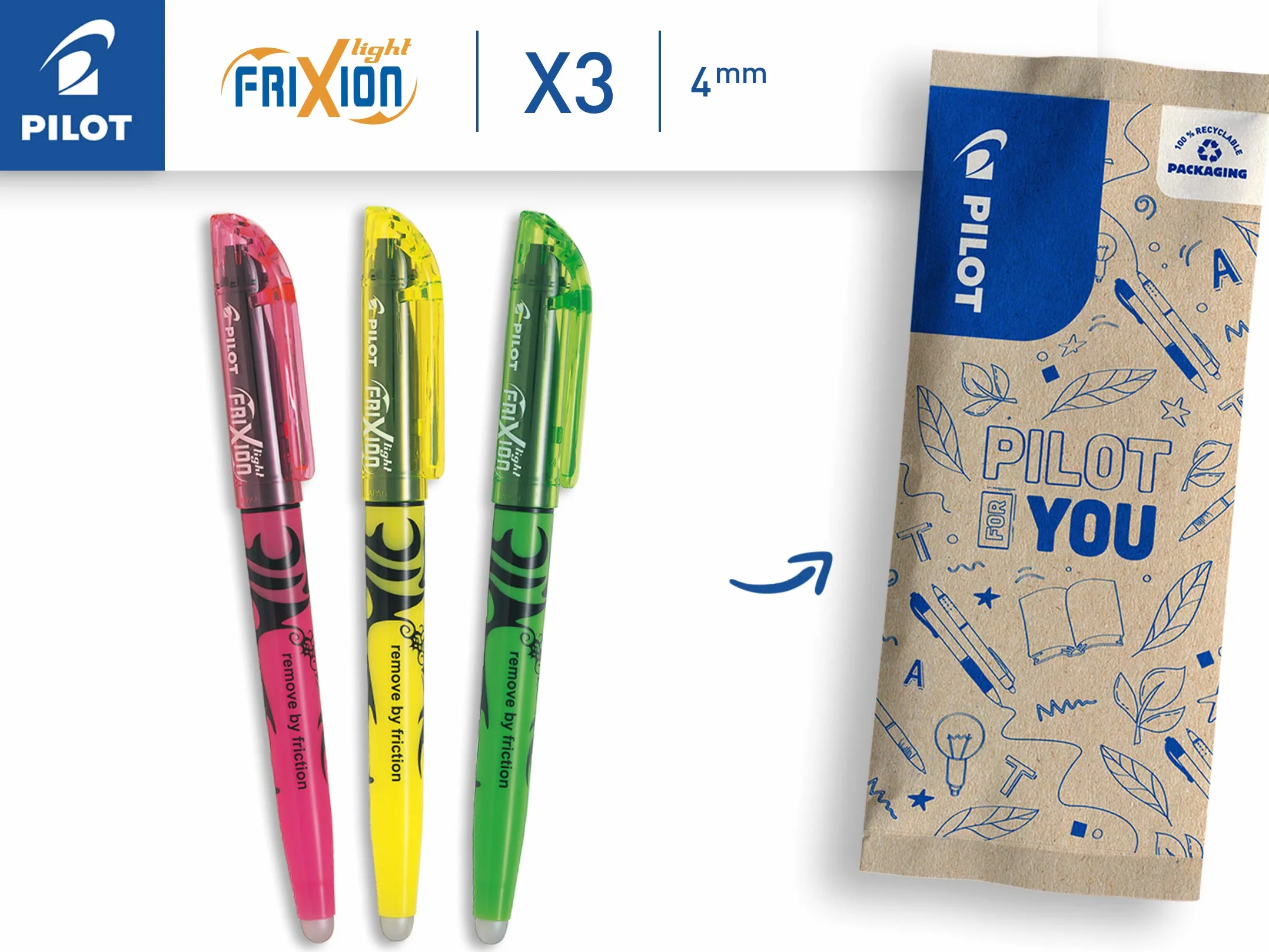 Zestaw 3x wymazywalny zakreślacz PILOT Frixion mix kolorów: 1 x różowy, 1 x żółty, 1 x zielony
