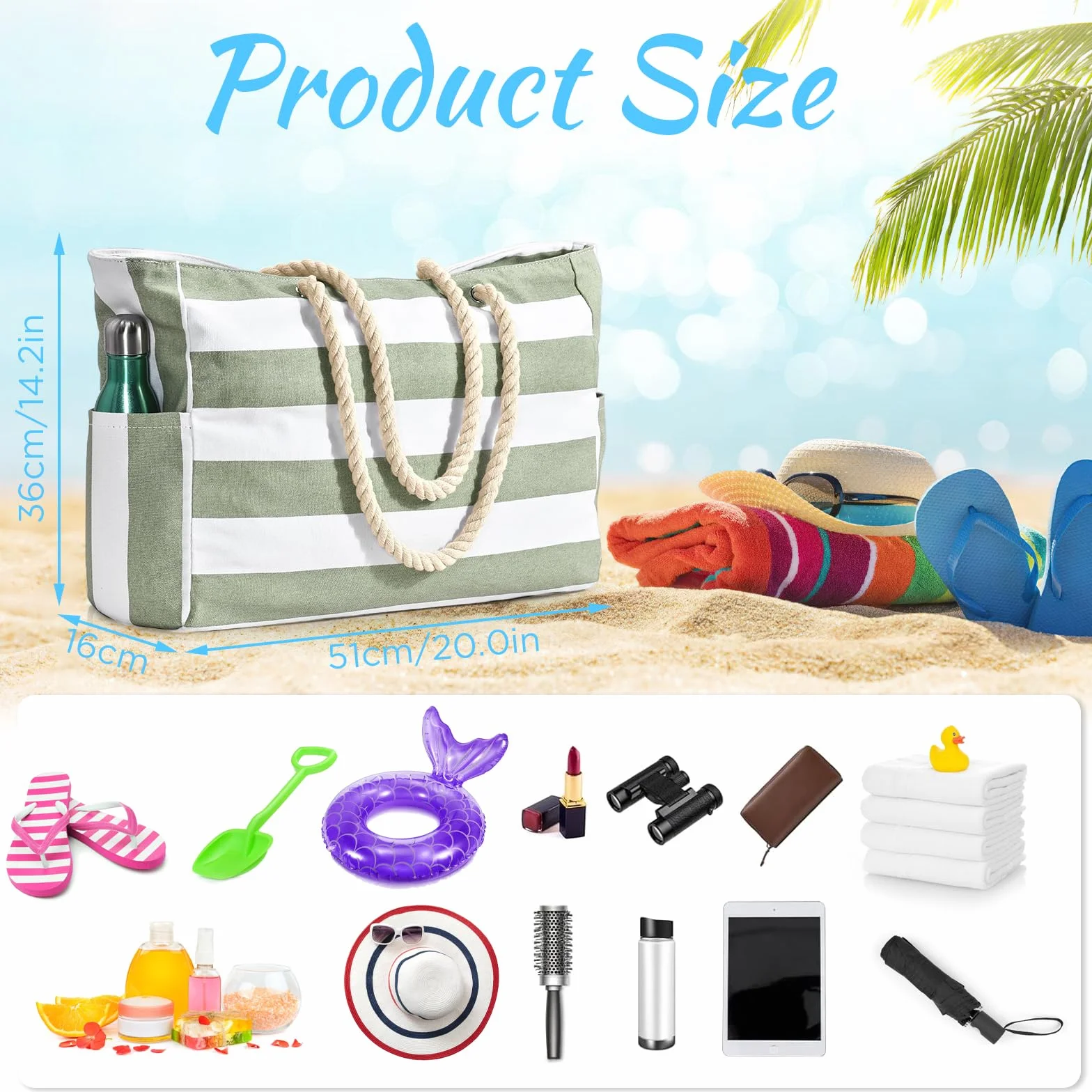 Duża torba plażowa damska składana xxl, plaża, torba na ramię, rodzinne wakacje, piknik i kemping 51 x 16 x 36 cm, zielona