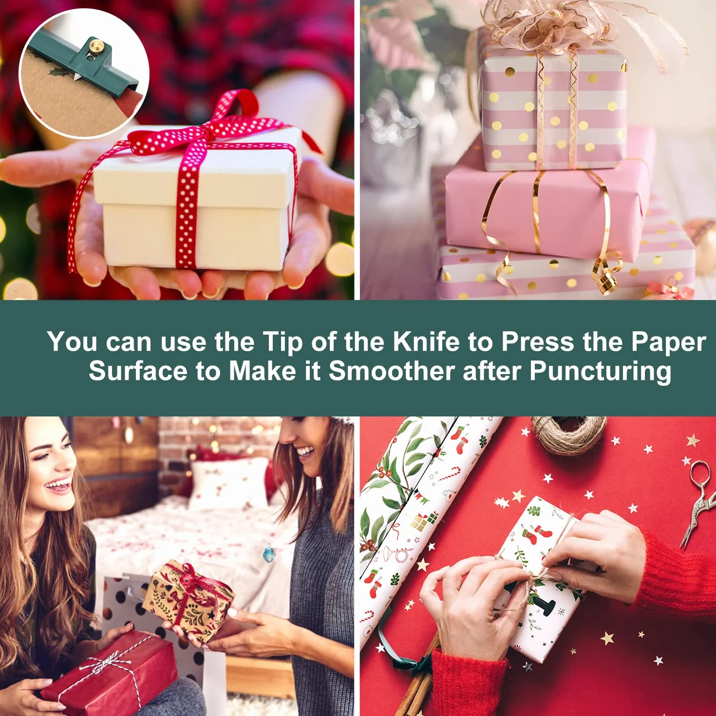 Nóz do Papieru do Pakowania, Nowe Ostrze do Aktualizacji Christmas Paper Cutter Roll Stal Wolframowa Nóz do Papieru do Pakowania na Swiateczne Materialy do Pakowania Prezentów (Ciemnozielony)