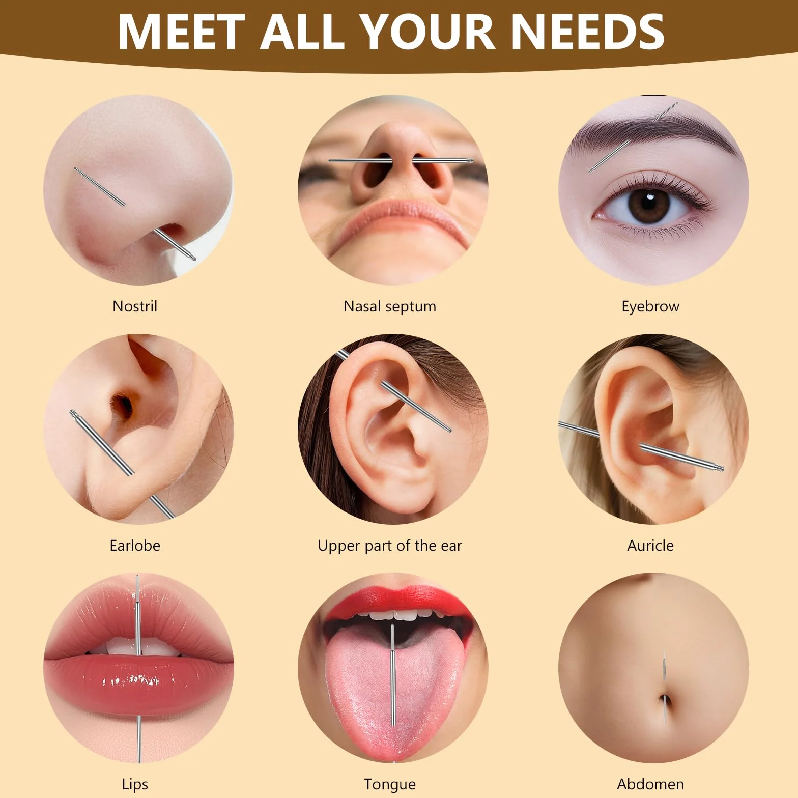 9 sztuk zestaw do piercingu, 16 g, 18 g, piercing typu taper, kulka, igły, stal nierdzewna, akcesoria do uszu, nosa, warg, brzucha