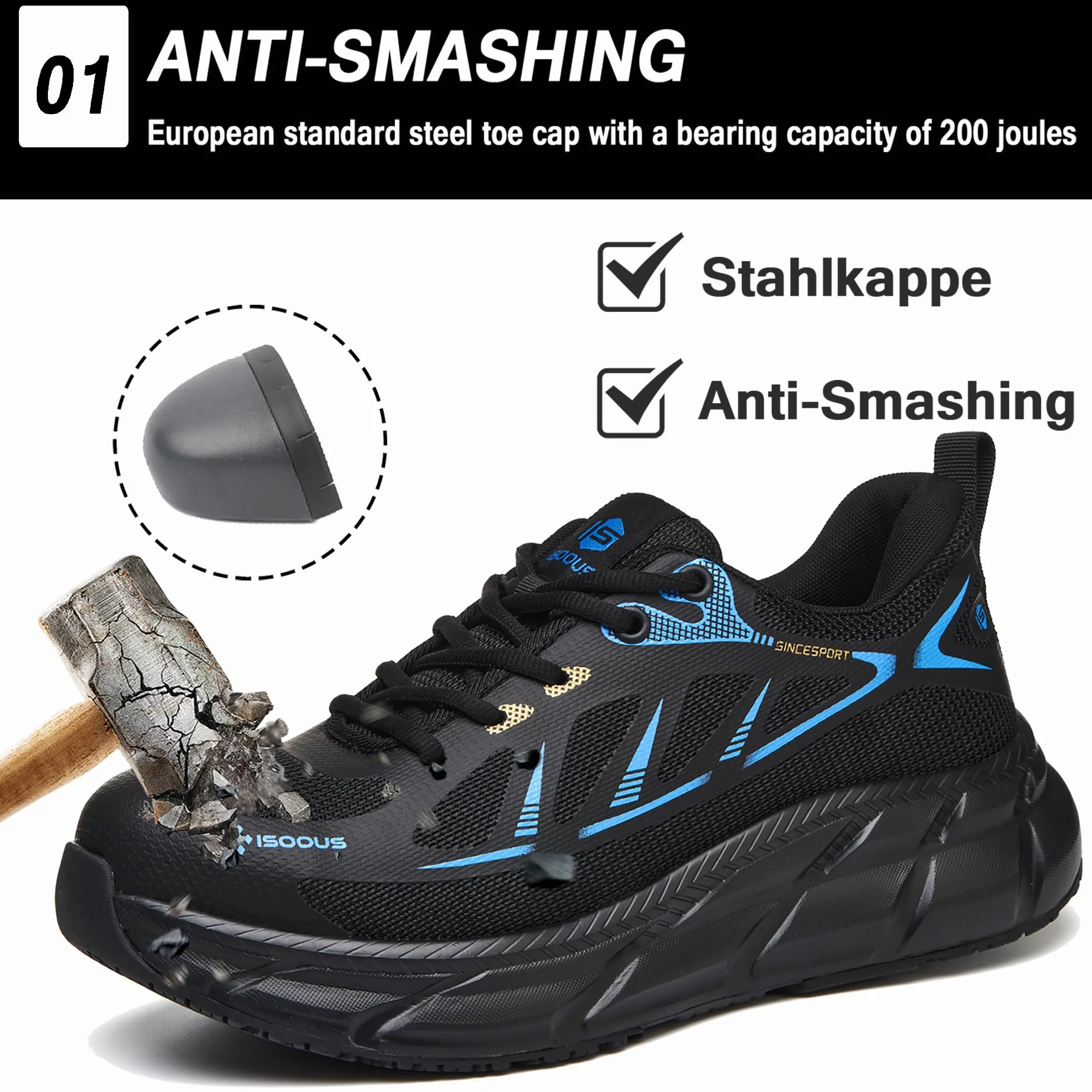 ISOOUS Buty robocze, męskie, damskie, buty ochronne, ze stalowymi noskami, sportowe, oddychające, antypoślizgowe