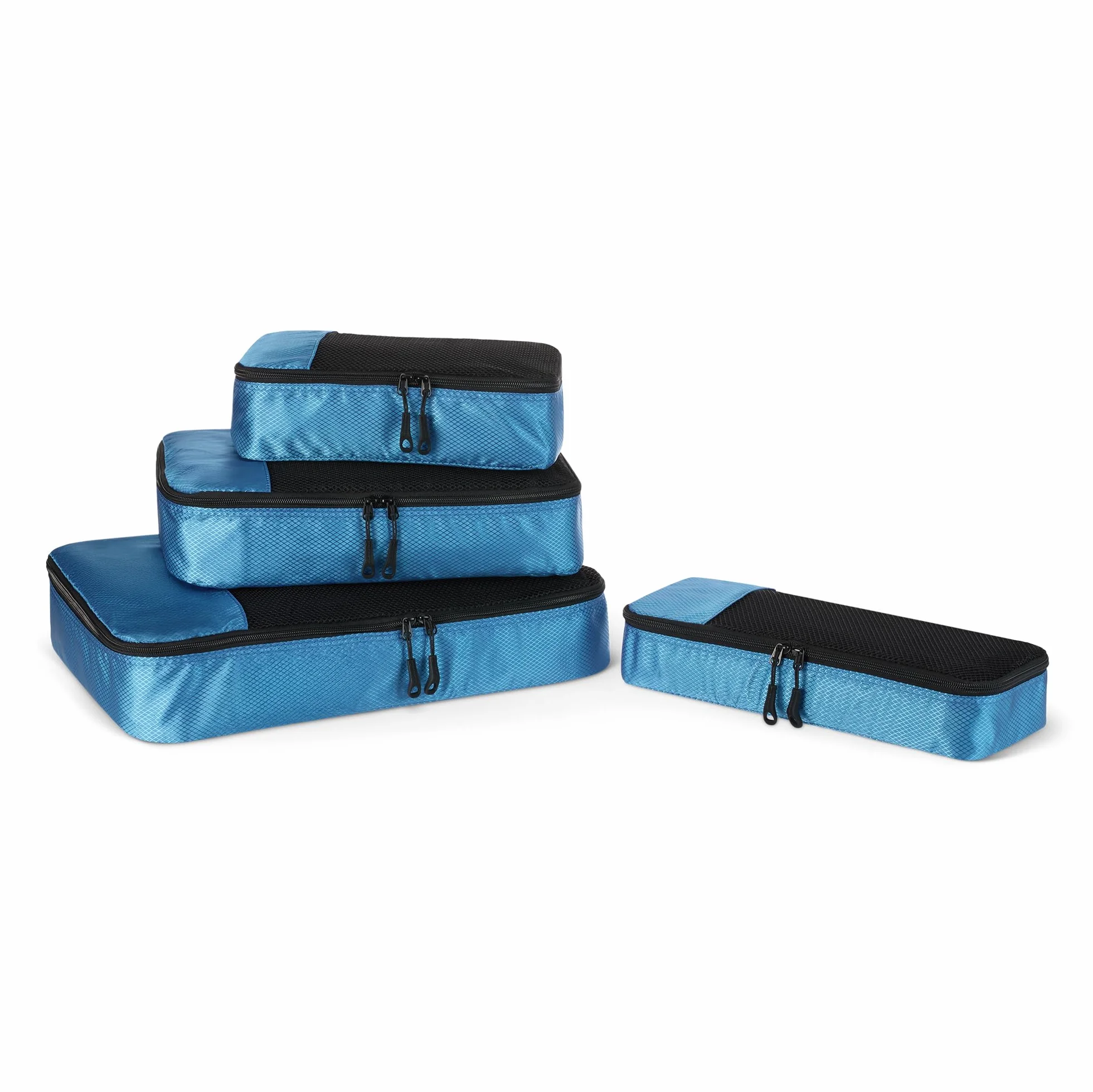 Amazon Essentials 4 Cz. Zestaw Akcesoriów Podróżnych do Pakowania, Organizer na Bagaż z Podwójnym Zamkiem, Klapa Górna z Siatki, 100% Poliester, Mały/Śr./Duży/Slim, Błękitny (Wcześniej Amazon Basics)