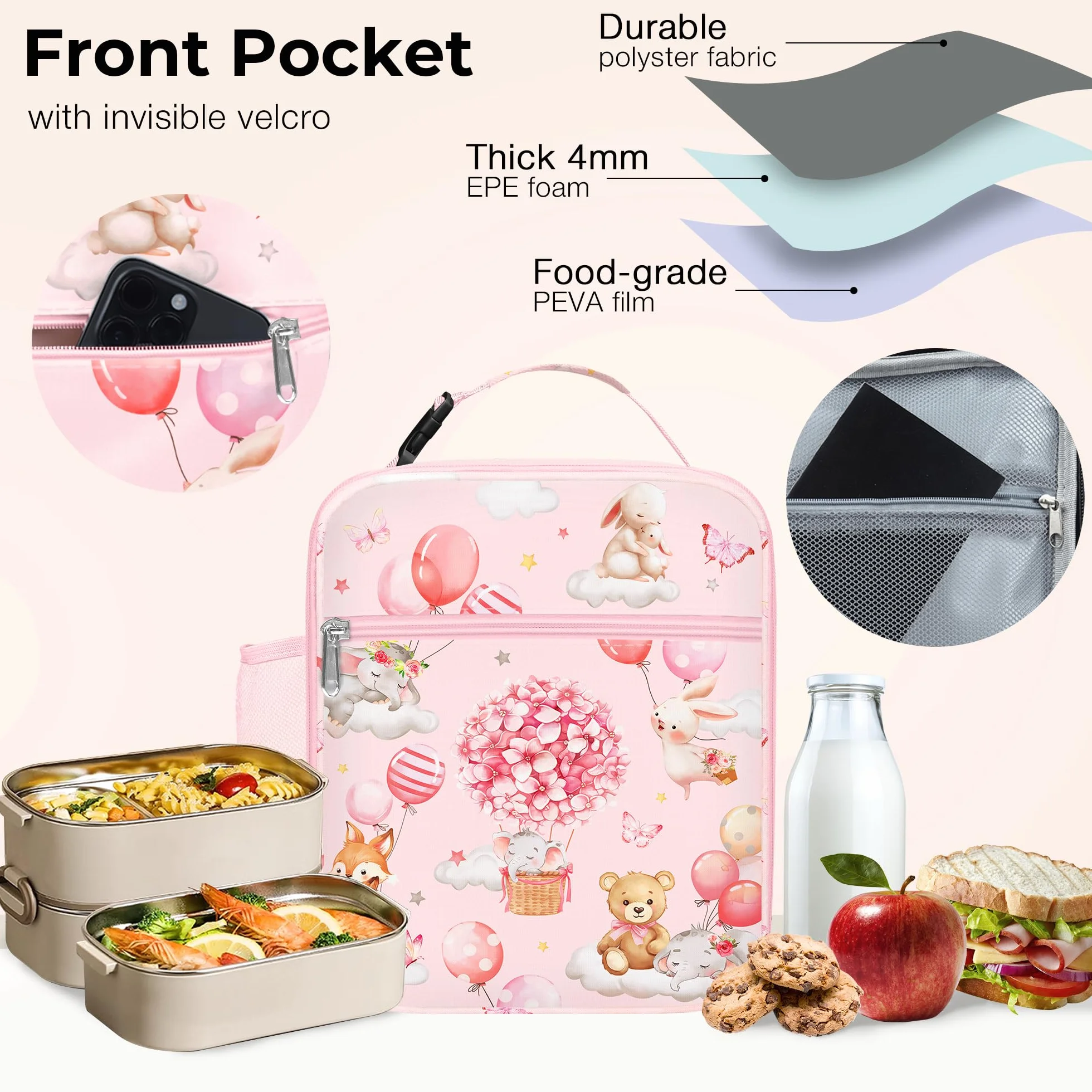Clastyle Różowa izolowana torba na lunch dla dzieci duża termiczna torba chłodząca dla dziewczynki piknik szkoła pudełko na lunch torba, balon zwierzę