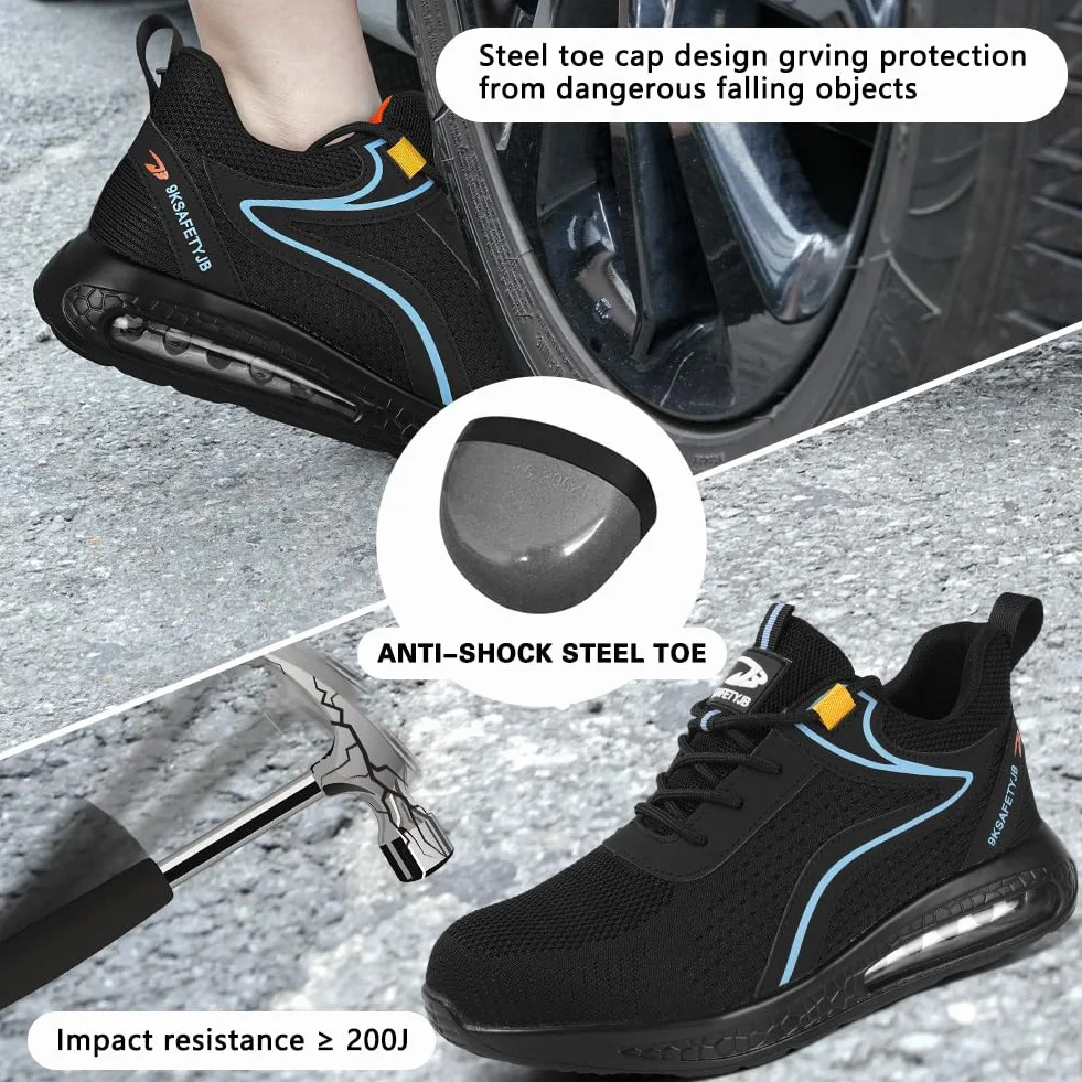 OFFCUP Męskie buty ochronne, buty ochronne, buty robocze ze stalowym noskiem, lekkie, wygodne buty ochronne, buty robocze, trampki przemysłowe, z poduszką powietrzną, czarne