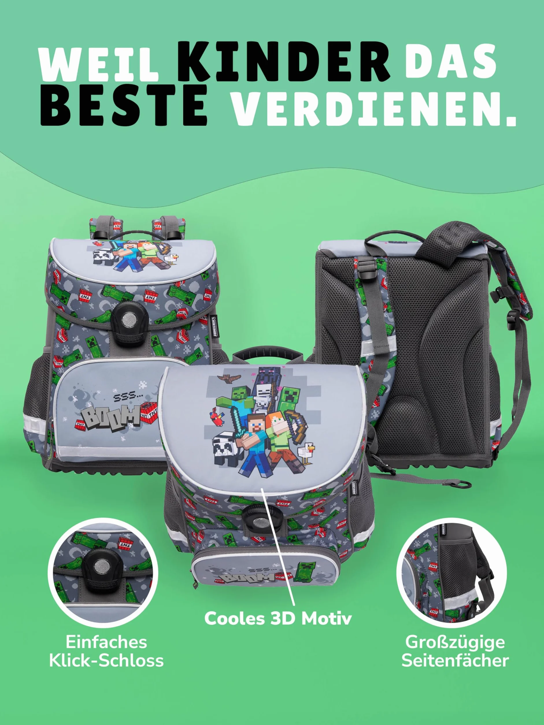 Minecraft tornister szkolny dla chłopców 1. klasa · szary plecak szkolny w zestawie z wypełnionym piórnikiem, torbą gimnastyczną, dużą torbą sportową i różnymi akcesoriami (do wyboru)