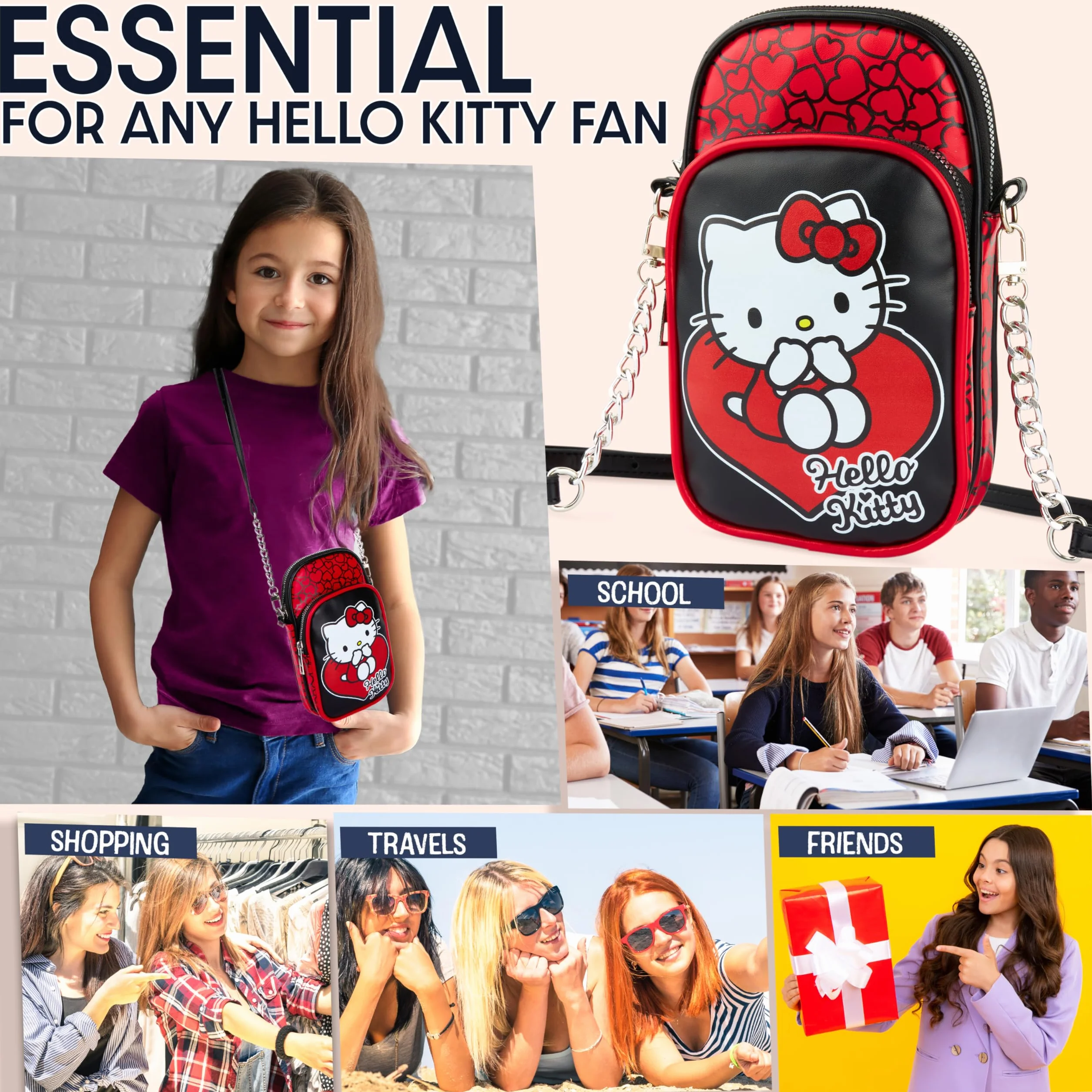 Get Trend Hello Kitty Sanrio Torebka na ramię na telefon dla dziewcząt, nastolatki, mała torebka na ramię, niezbędne akcesoria podróżne, prezenty dla dziewcząt
