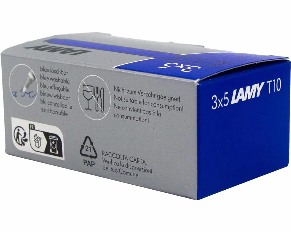 LAMY T10 zestaw 3 wkładów atramentowych z dużym zapasem atramentu, odpowiednie do wszystkich modeli piór wiecznych Lamy Cartridge o pojemności 1,25 ml, 5 sztuk w opakowaniu, kolor niebieski