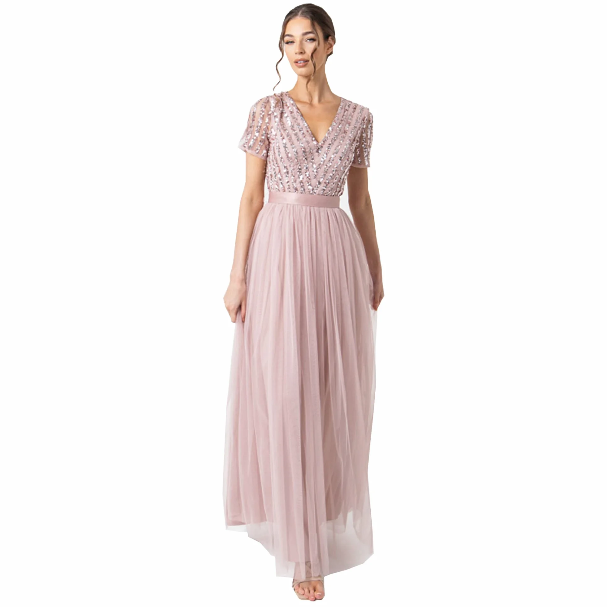 Maya Deluxe Sukienka druhny Kobiety Maya Deluxe Maxi Dress For Women Braidesmaid V-neck Plus Size Ball Gown Short Sleeves Długi Elegant Imperium Waist