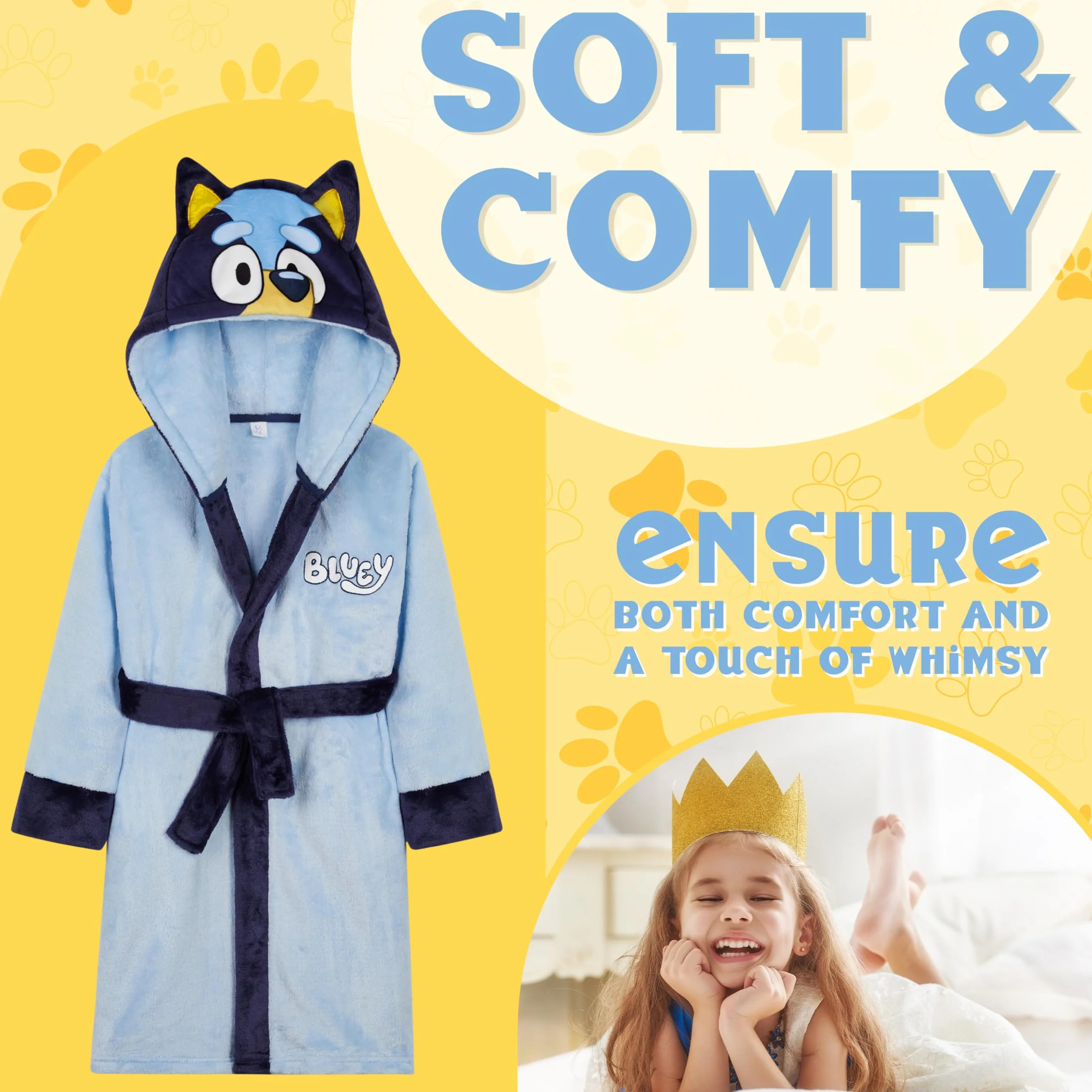 Bluey Szlafrok dla dzieci, rozmiary 18M-8Y z kapturem 3D, szlafrok polarowy, miękki szlafrok, odzież wypoczynkowa, prezenty dla dziewczynek