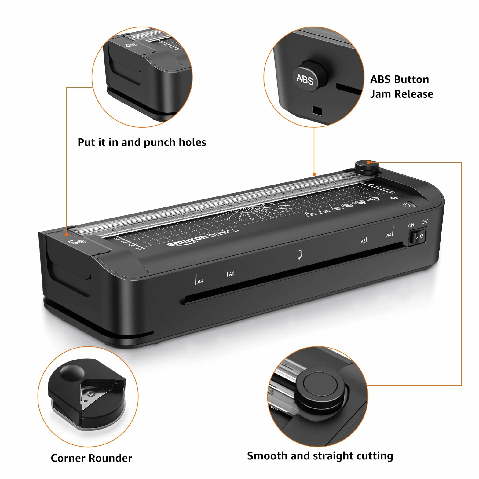 Amazon Basics Laminator termiczny 3 w 1 do formatu A4 z funkcjami cięcia, dziurkowania i zaokrąglania narożników, zawiera 10 koszulek, wtyczkę EU, czarny