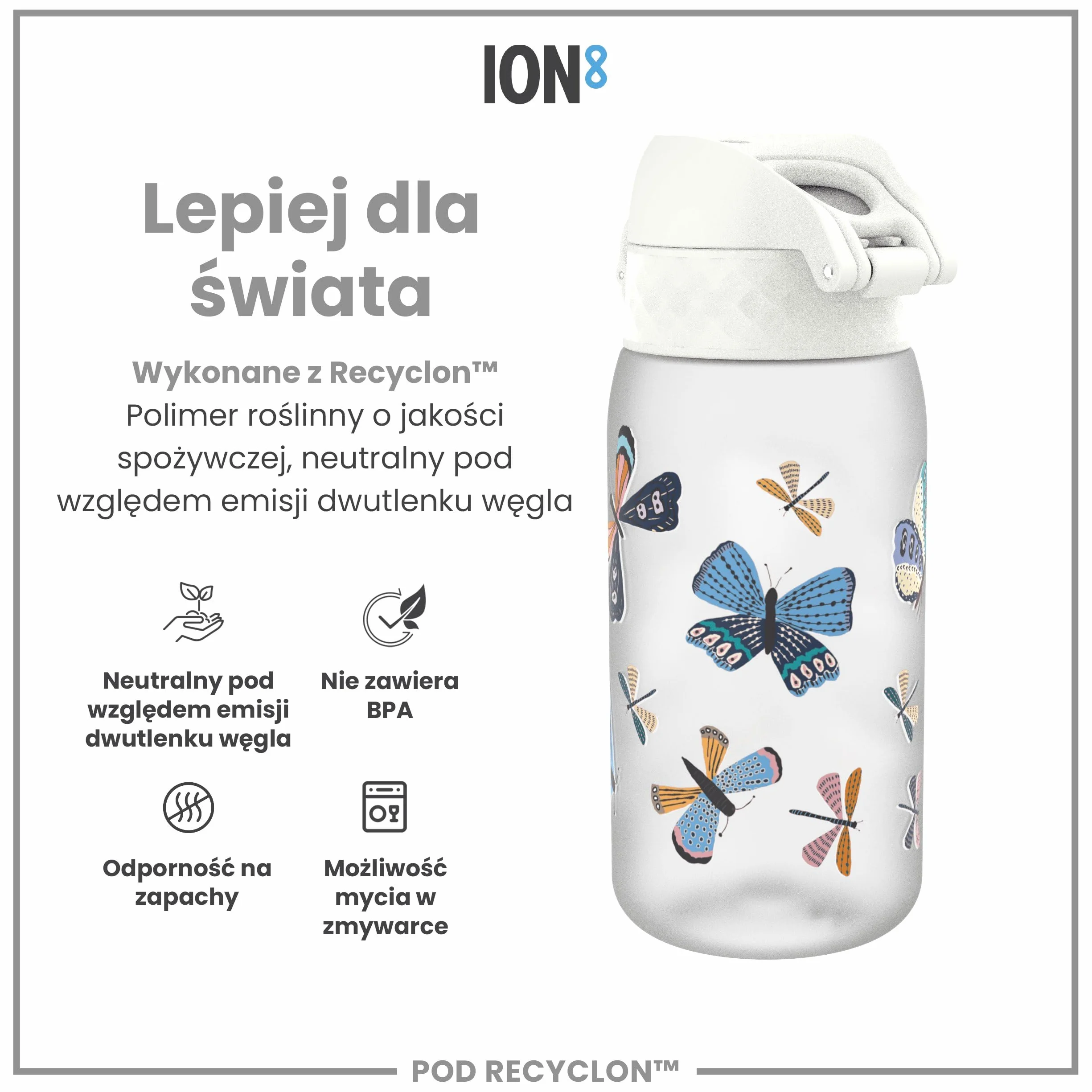 ION8 Butelka dla Dzieci, 350 ml/12 oz, Szczelna, Łatwa do Otwarcia, Bezpieczny Zamek, Można Myć w Zmywarce, Bez BPA, Uchwyt do Przenoszenia, Łatwa do Czyszczenia, Bezwonny, Wzór Motyle
