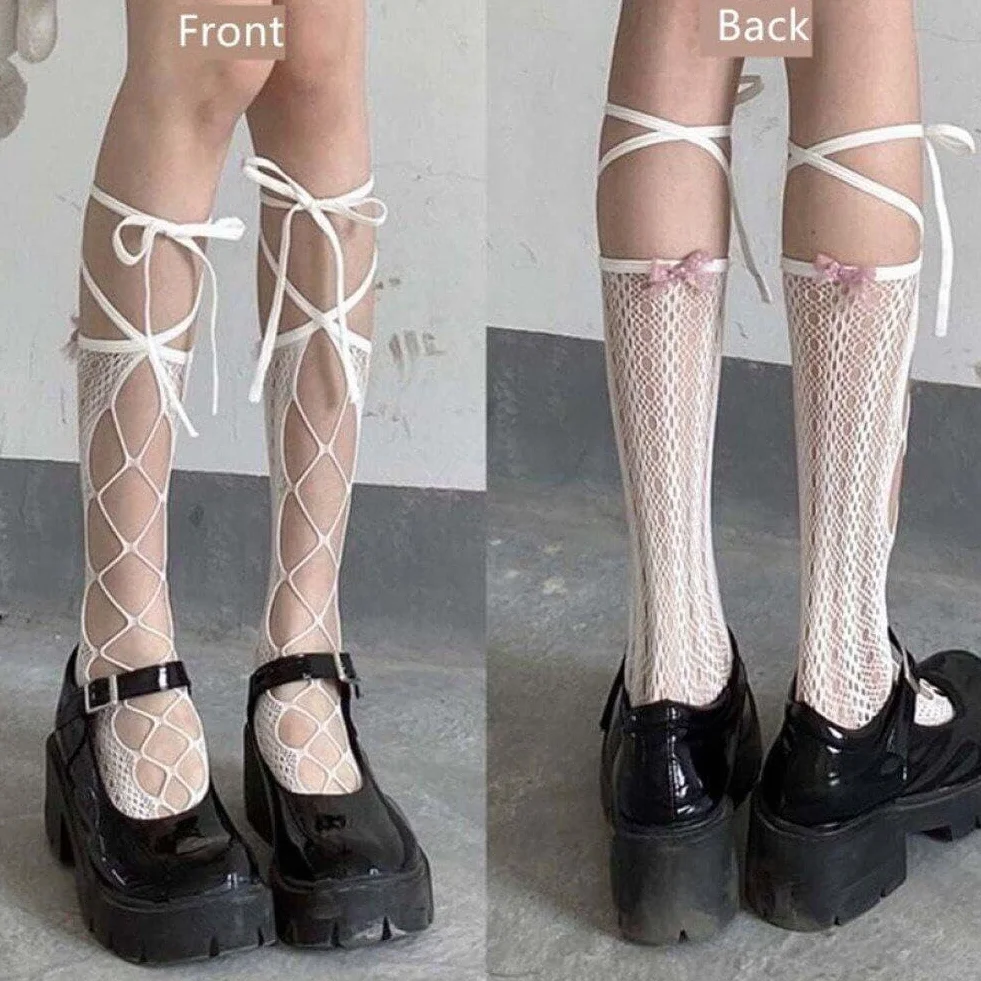 Koronkowe Pończochy Kobiety 1 Para Bandaż Skarpetki Do Kolan Krzyż Skarpetki Antypoślizgowe Rajstopy Rybne Dla Dziewczyn Lolita Cosplay