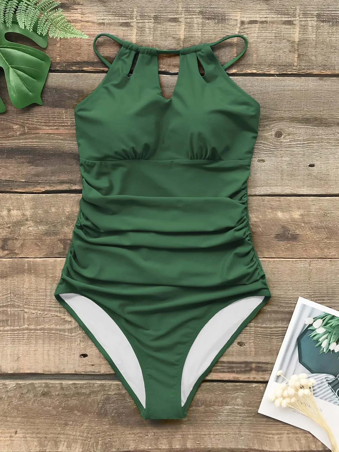 CUPSHE Damski kostium kąpielowy z ozdobnymi wycięciami, marszczony, wyszczuplający brzuch, moda plażowa, zabudowany dekolt, jednoczęściowy strój kąpielowy