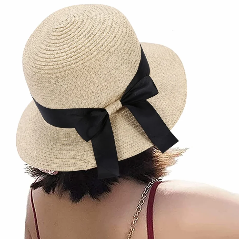 Chapter Seven Damski kapelusz przeciwsłoneczny Floppy Składana kokardka Słomka Czapka Letnia Plażowa Ochrona UV UPF50