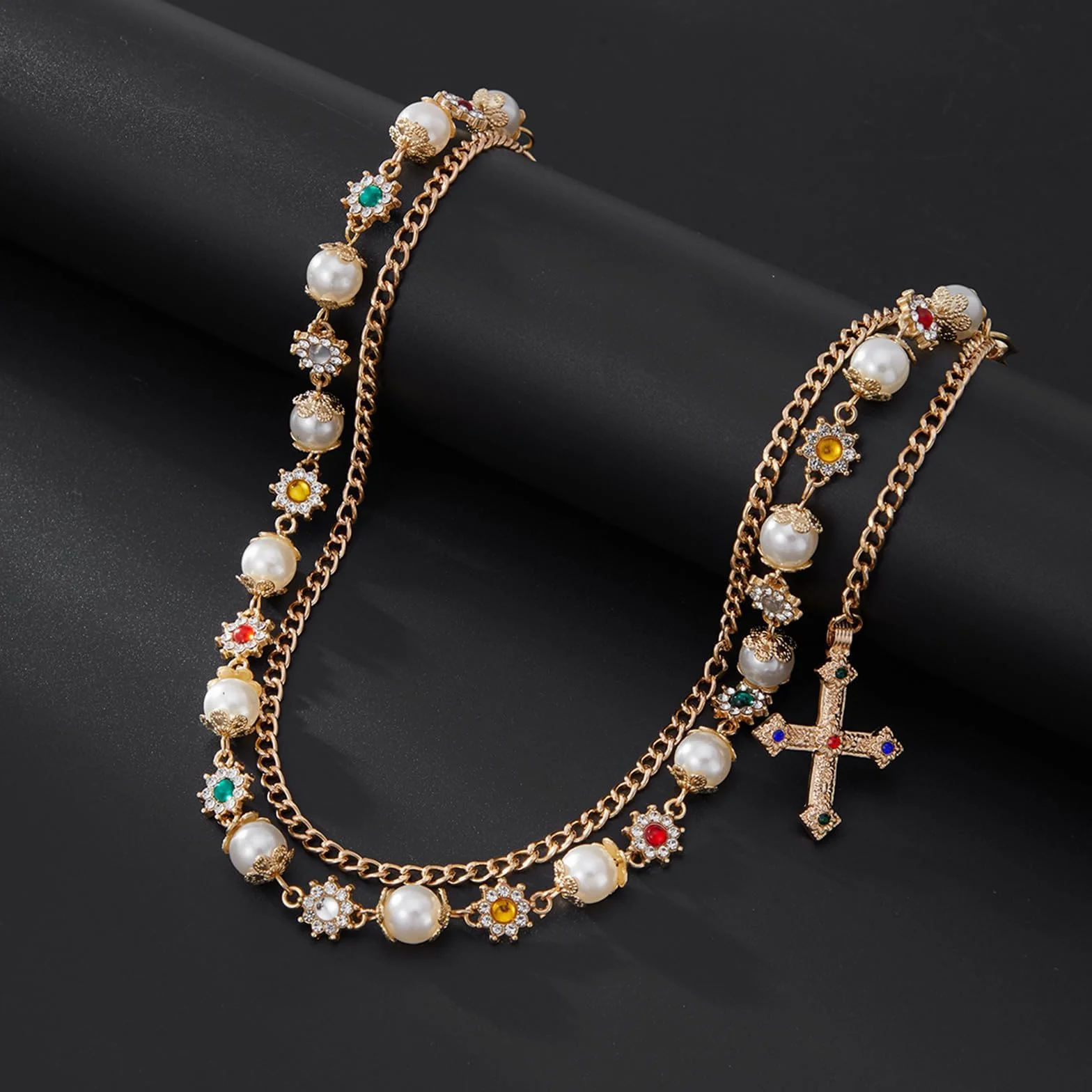 Wielowarstwowy łańcuszek do spodni z koralikami i wisiorkiem w kształcie krzyża, modny dla kobiet i mężczyzn, Punk Y2K Wallet Chain Gold do dżinsów, spodni, kieszeni, sznurka, torebki, portfela