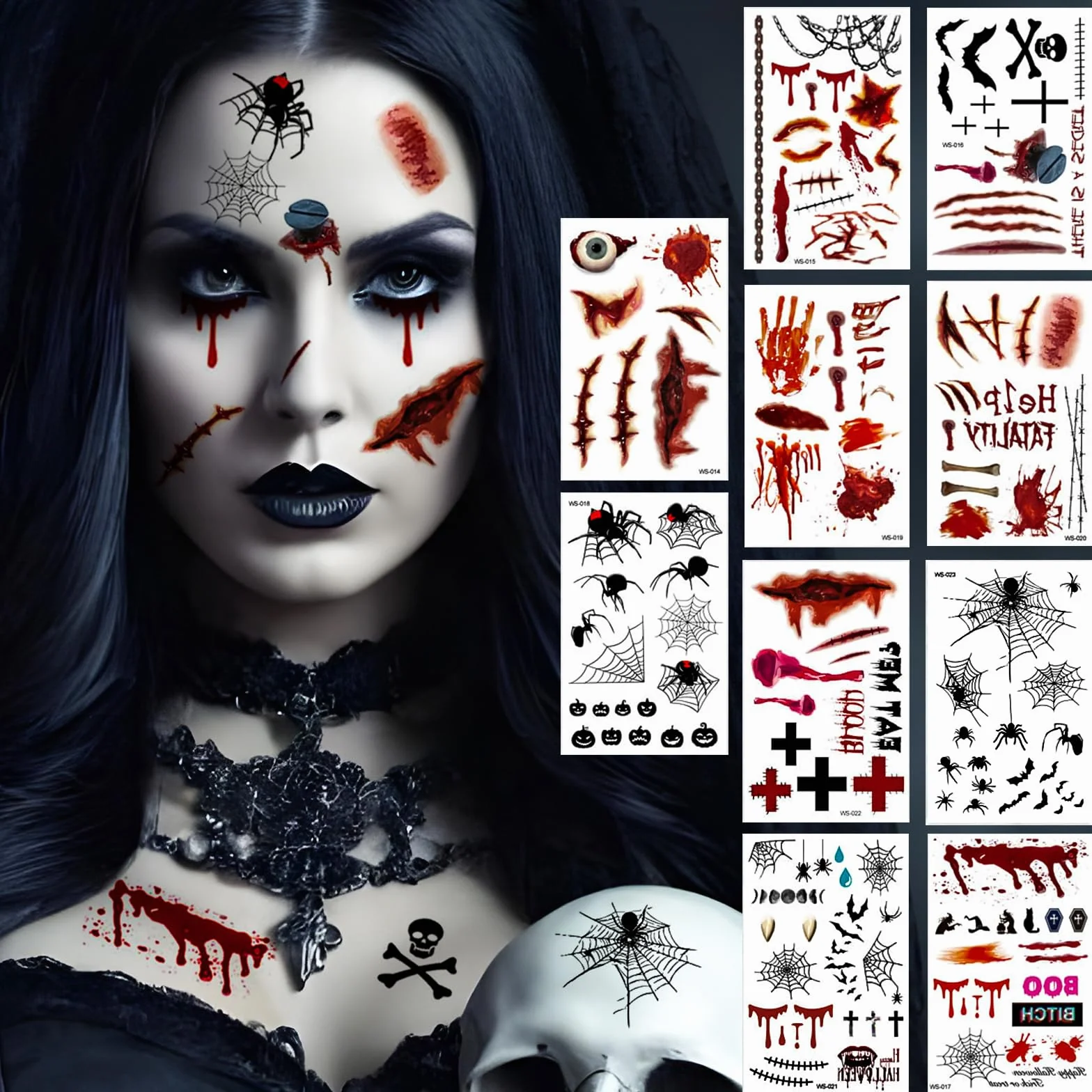 Tatuaże na Halloween, 10 arkuszy, kostium na Halloween dla kobiet i mężczyzn, tatuaż na twarz, zombie, wampir, czarownice, akcesoria do makijażu, blizny, rany, pająki
