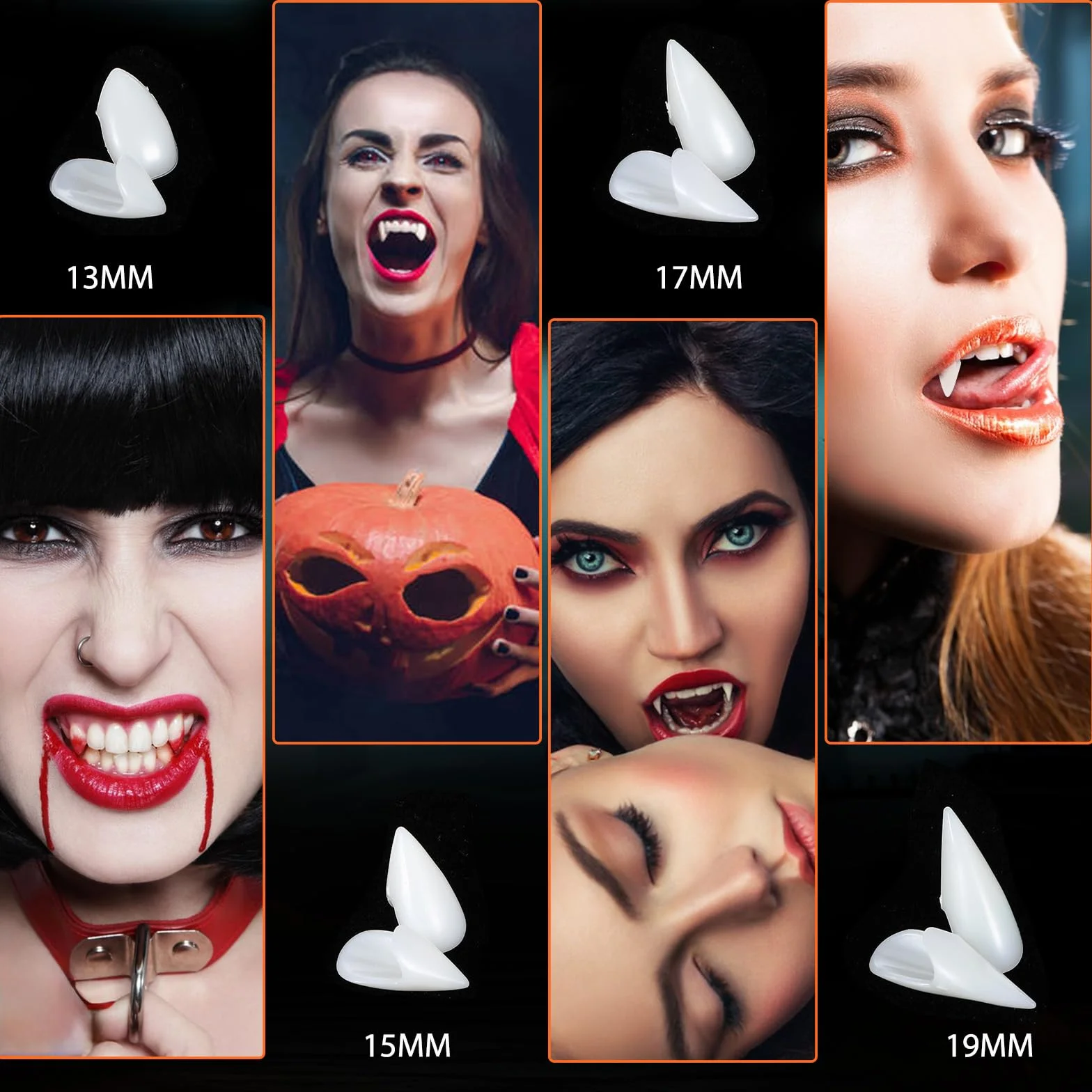 4 pary zębów wampira z 2 granulkami kleju, 4 rozmiary, Halloween, zęby wampira, sztuczne zęby, na imprezę Cosplay, rekwizyty Halloween, demon, czarownica, 13, 15, 17, 19 mm