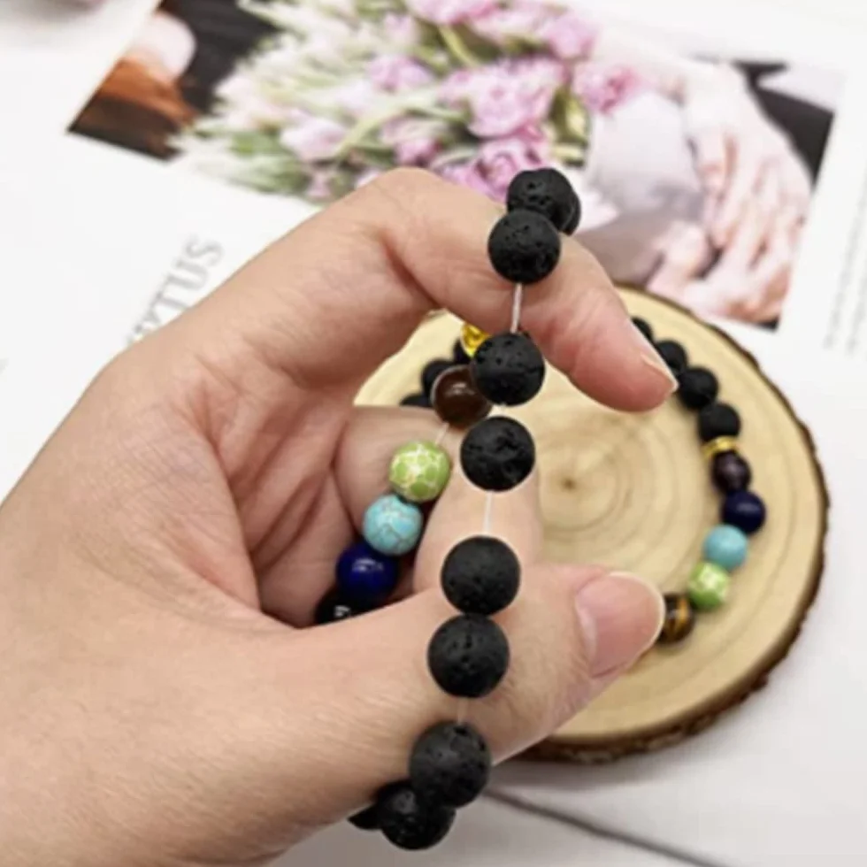 LATRAT BRANSOLETKA 7 czakr kamienie naturalne, koraliki 7 czakr, bransoletka z kamienia naturalnego 8 mm, bransoletka damska i męska elastyczna bransoletka, One Size, kamień wulkaniczny