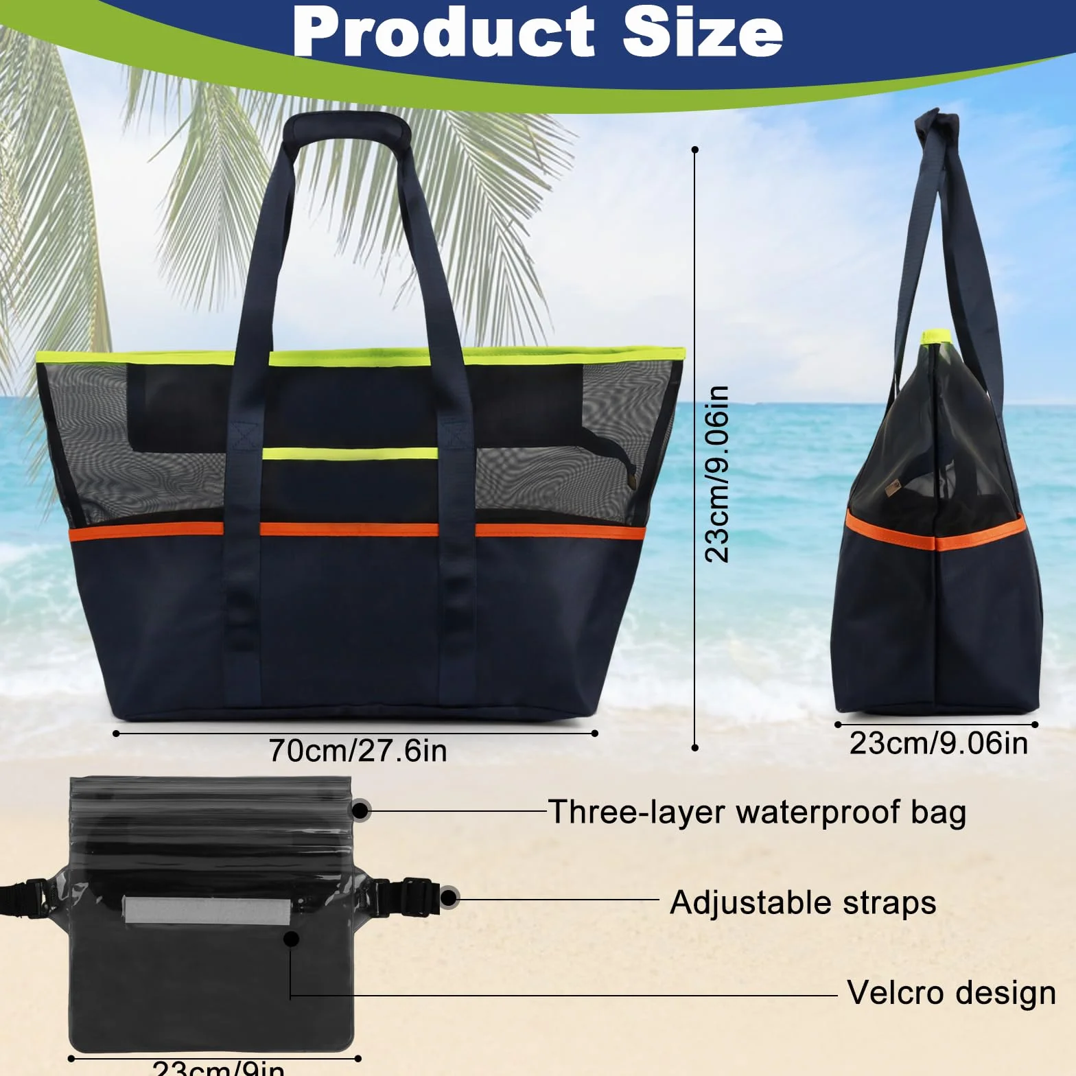Duża torba plażowa z siateczki, z uszczelnieniem, torba kąpielowa do studia fitness, torba plażowa na podróż, zakupy i na co dzień, duża pojemność z wodoszczelnym etui na telefon komórkowy