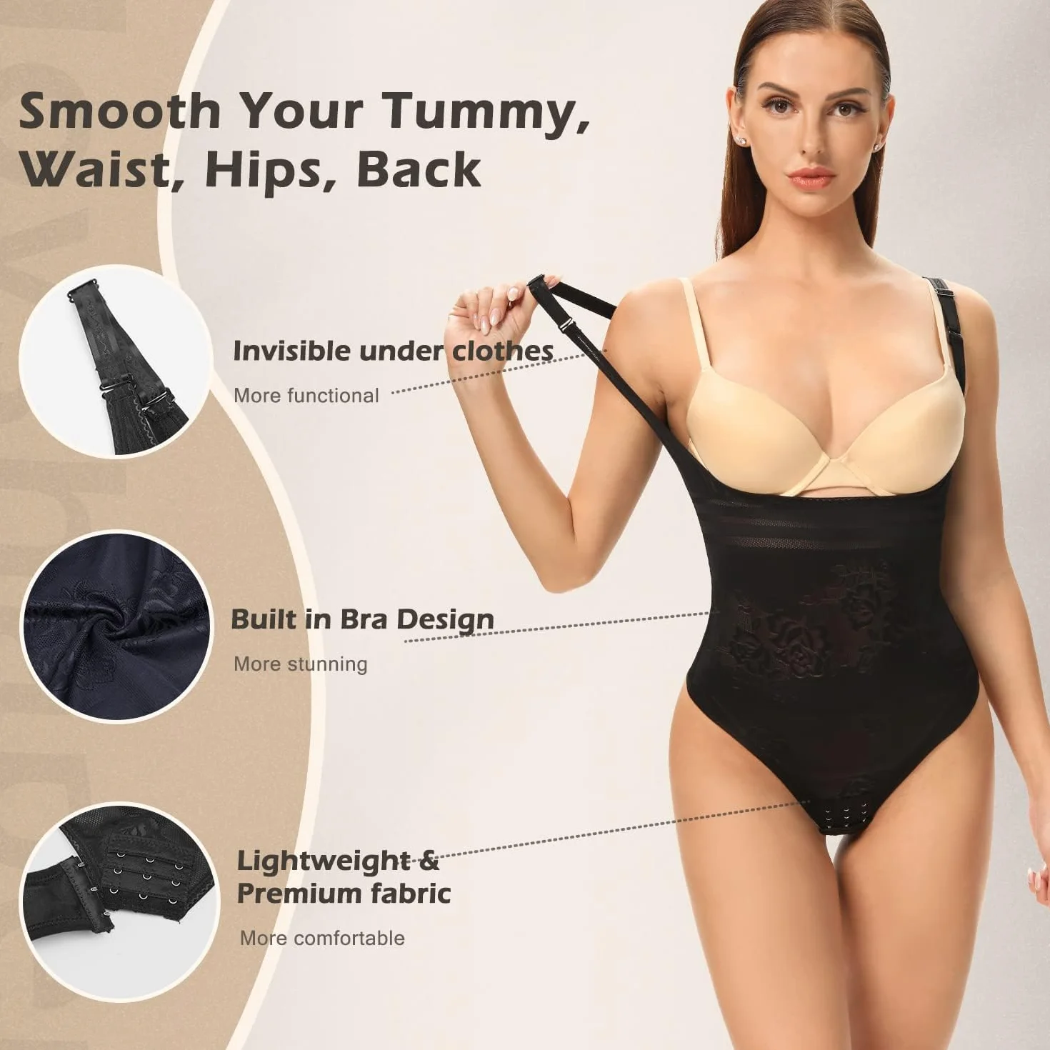 Joyshaper Figurformujący Body Damski Tanga Mocno Wyciągające Talię Formujące Body Bielizna z Haftkami Modelujący Bodysuit, czarny (schwarz-1), M