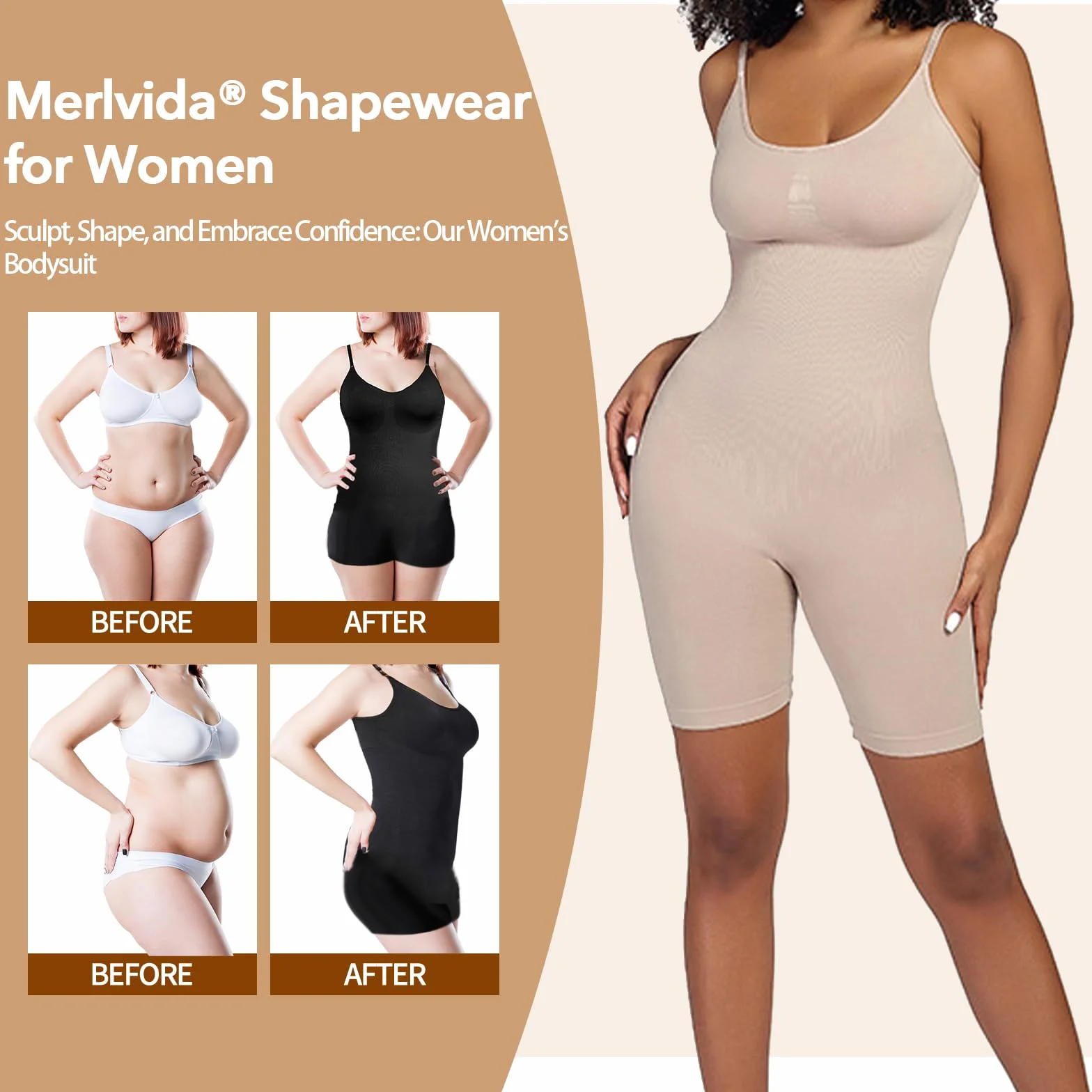 Merlvida Shapewear Damski Kombinezon Całkowity Mocno Modelujący Wyszczuplający Brzuch Bezszwowy Body Modelujące z Regulowanymi Ramiączkami