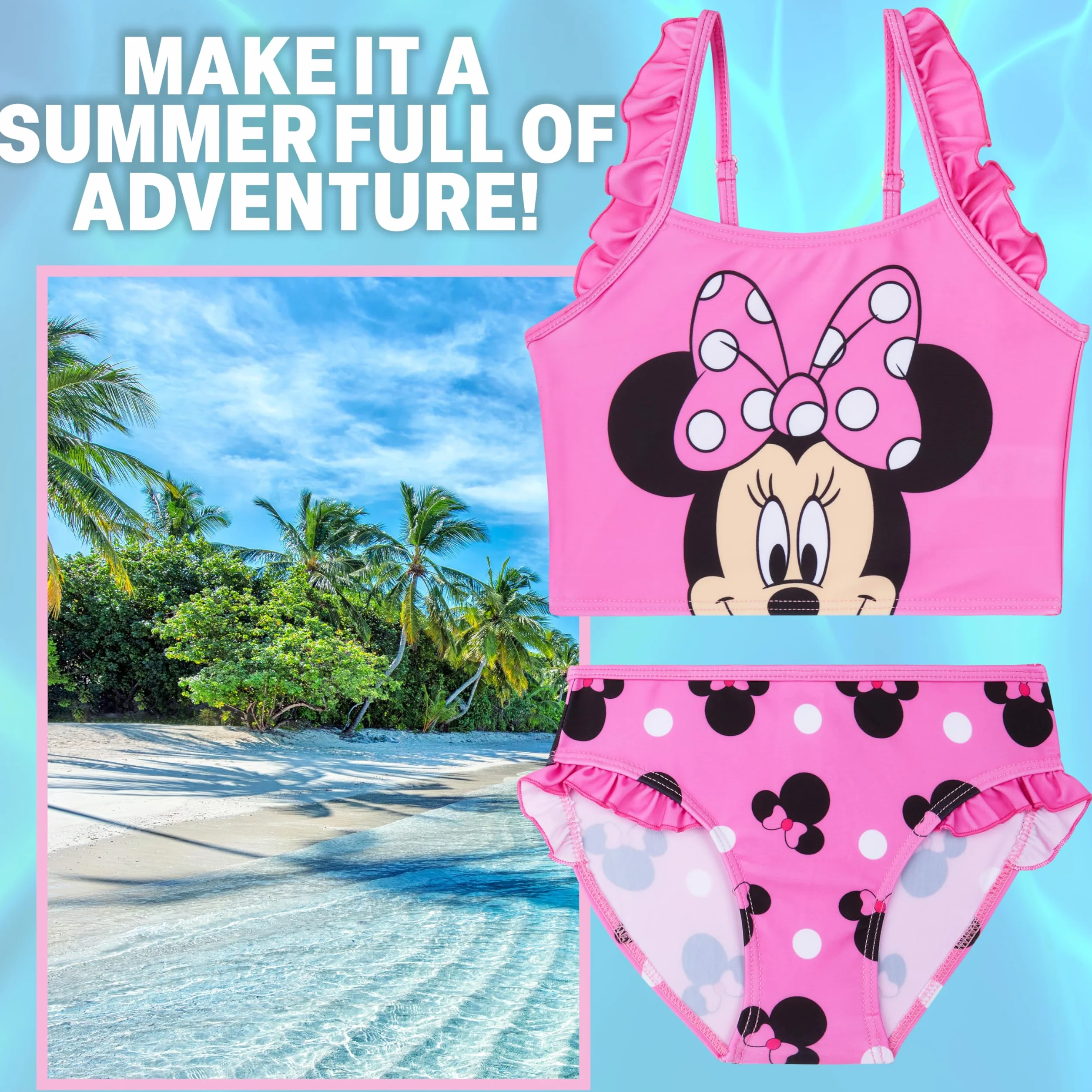 Disney Stitch | Dziewczęce bikini Myszka Minnie Dwuczęściowy Zestaw Kąpielowy, Regulowany Strój Kąpielowy Z Paskami, Stroje Kąpielowe Tankini