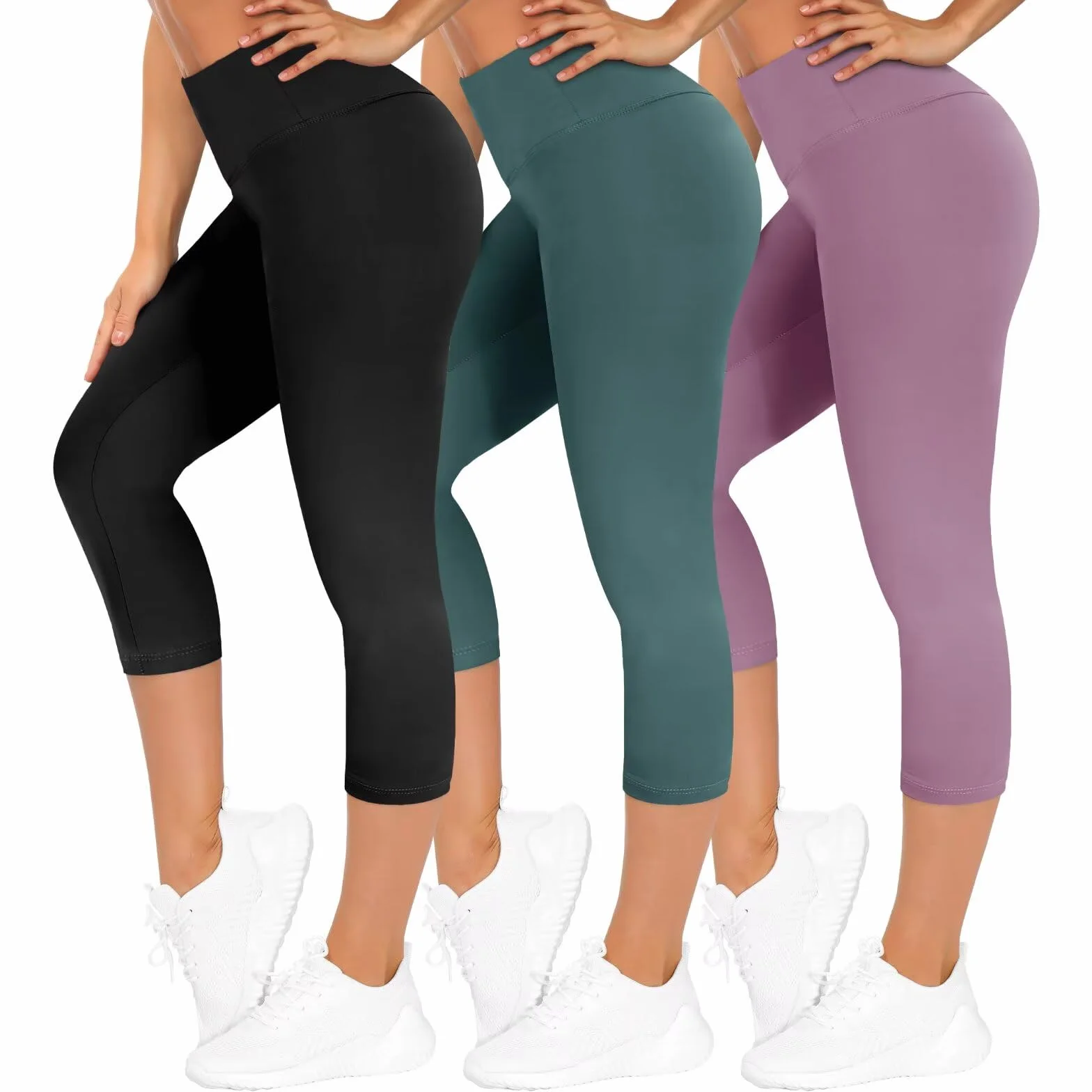 TNNZEET 3-pak Capri legginsy damskie 3/4 do uprawiania sportu, 7/8 legginsy z wysokim stanem, spodnie sportowe na siłownię, jogę