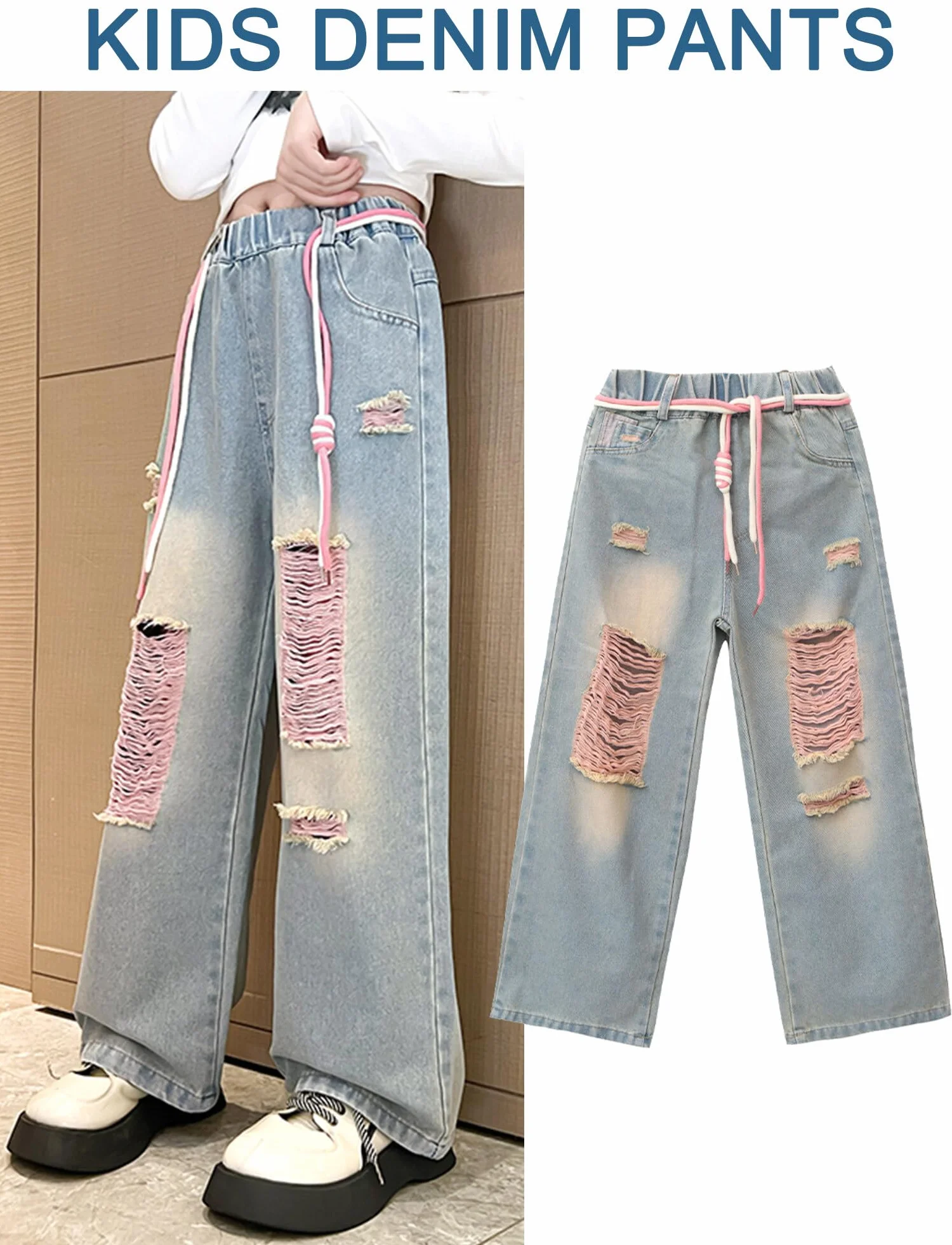 Happy Cherry Dżinsy dziewczęce spodnie jeansowe niebieskie proste otwory vintage dziecięce spodnie cargo dziewczęta 5-14 lat odzież uliczna