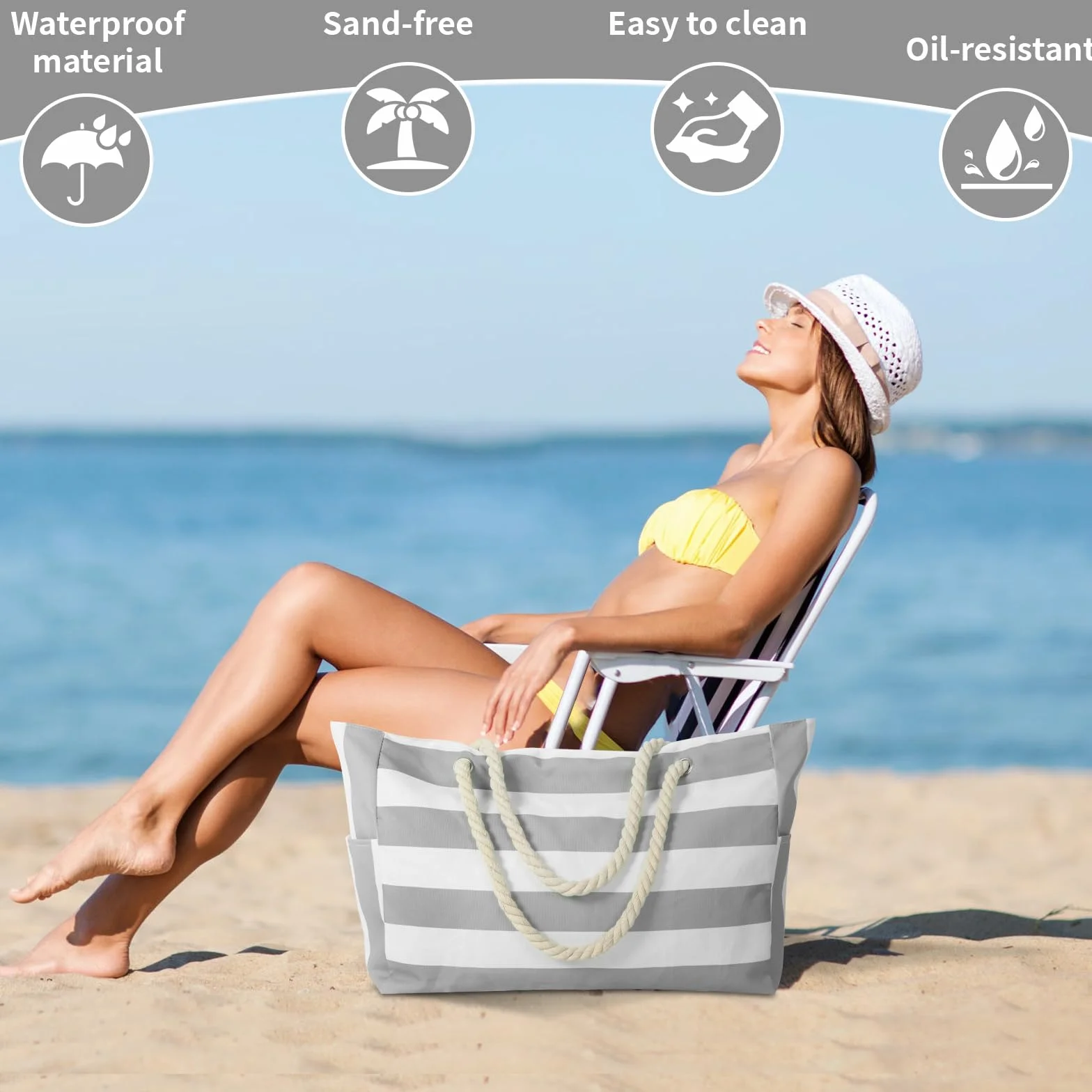 KUOGAS Torba plażowa XXL, wodoszczelna, duża torba pod prysznic, bardzo duża torba plażowa, XXL, torba plażowa z zamkiem błyskawicznym, szary, 50 cm x 35 cm x 15 cm