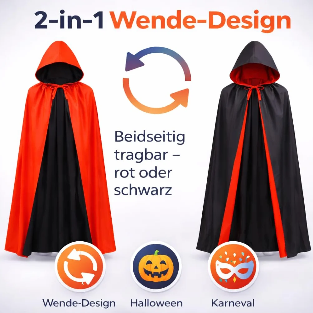 Czerwona peleryna z kapturem, dwustronna, nadaje się dla dzieci i dorosłych, na Halloween, karnawał i karnawał