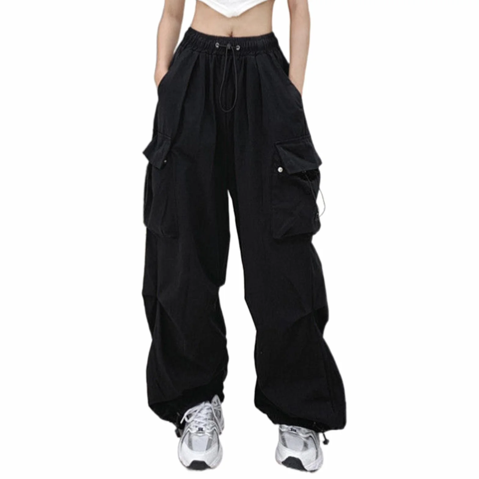 Czarne spodnie damskie luźne spodnie cargo streetwear joggery spodnie dresowe sznurek na co dzień luźne szerokie nogawki