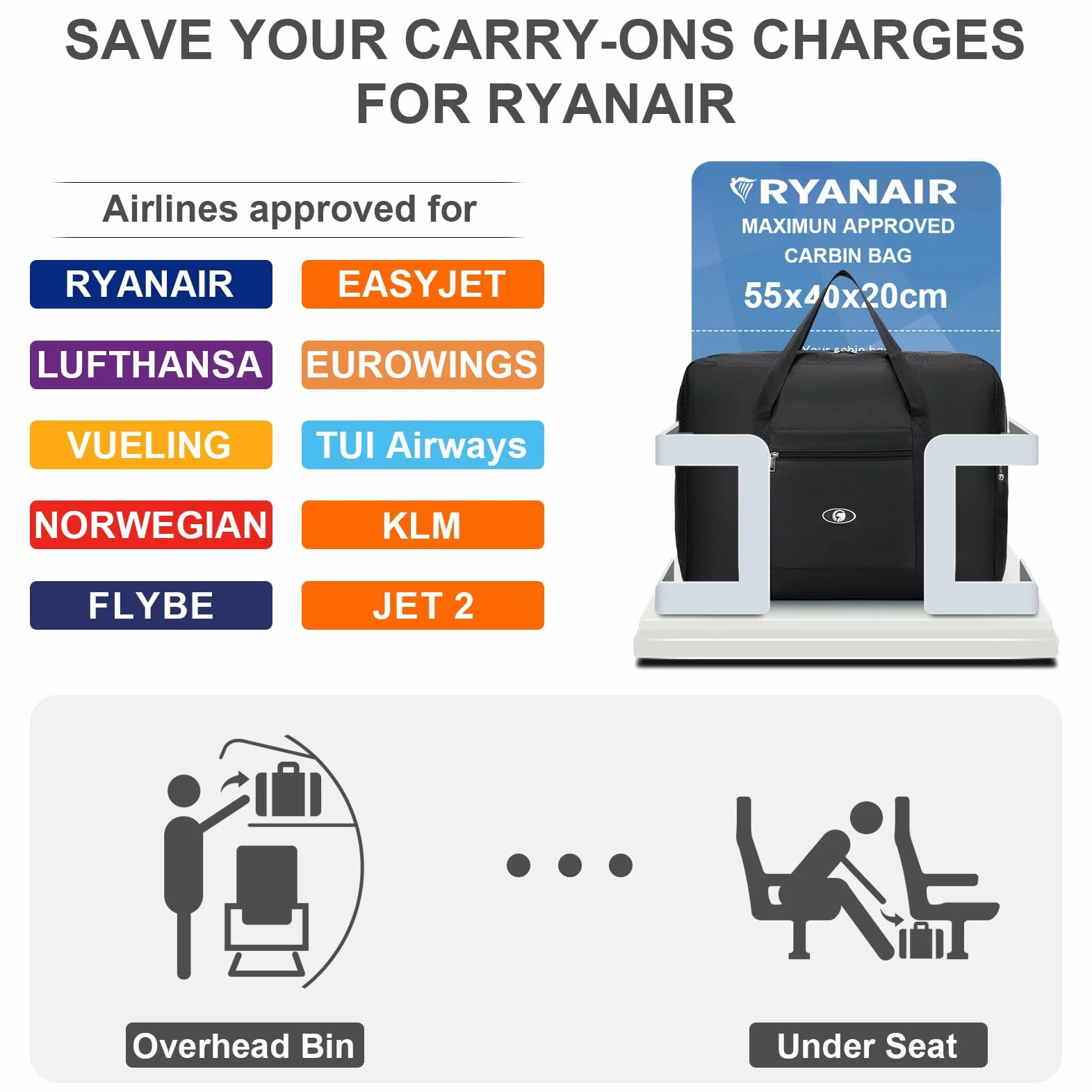 SPAHER Ryanair Bagaż Podręczny 55x40x20 Torba Na Samolot, Wodoodporna Torba Podróżna Bagaż Podręczny Składana Podręczna Lekka Dla Kobiet I Mężczyzn Sportowa Unisex Na Podróże S Siłownię, Czarny