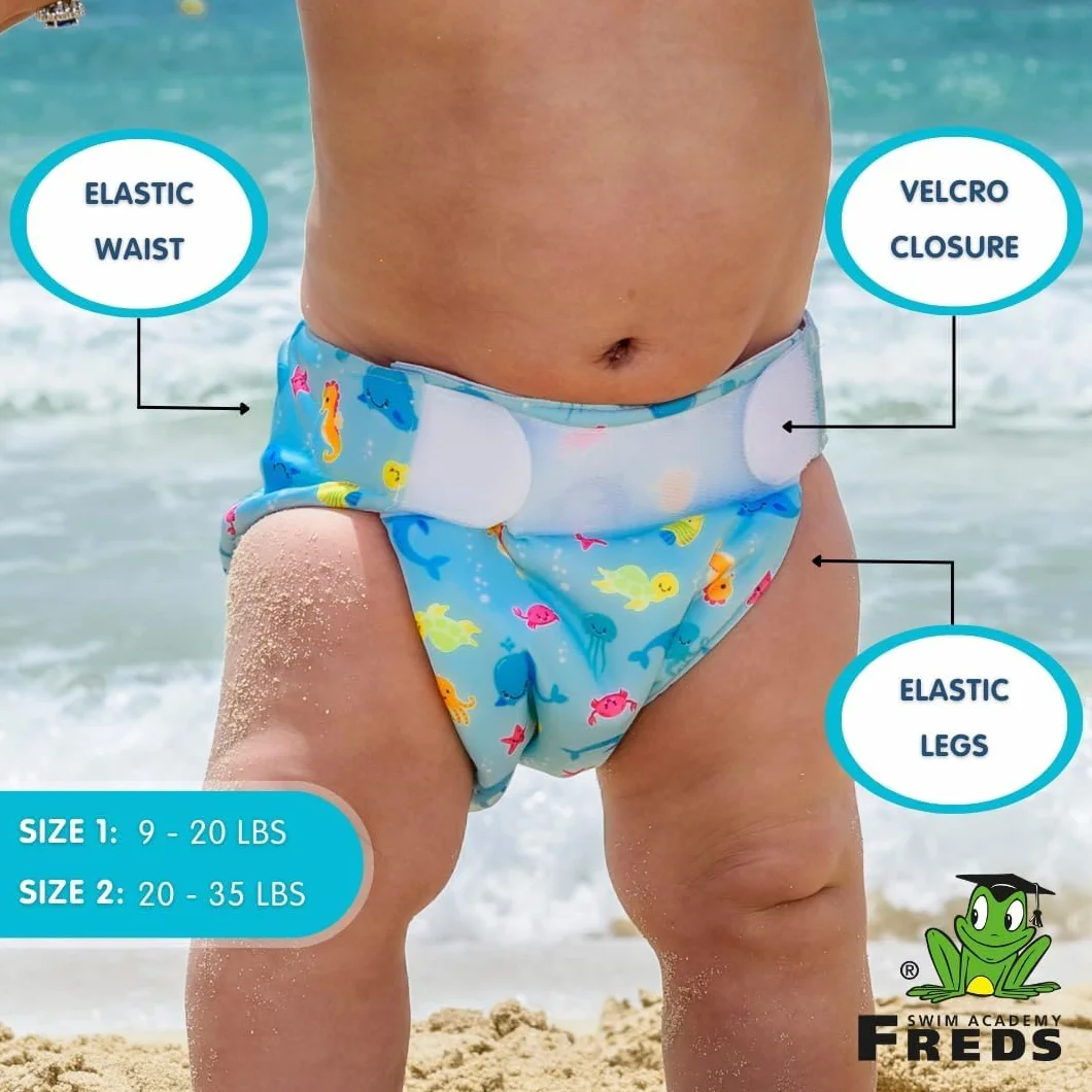 FREDS SWIM ACADEMY Pieluchy do pływania wielokrotnego użytku – Swim Nappy z zapięciem na rzepy, spodnie do pływania dla niemowląt z miękkiego materiału, regulowane i łatwe zakładanie (niebieskie, 1)
