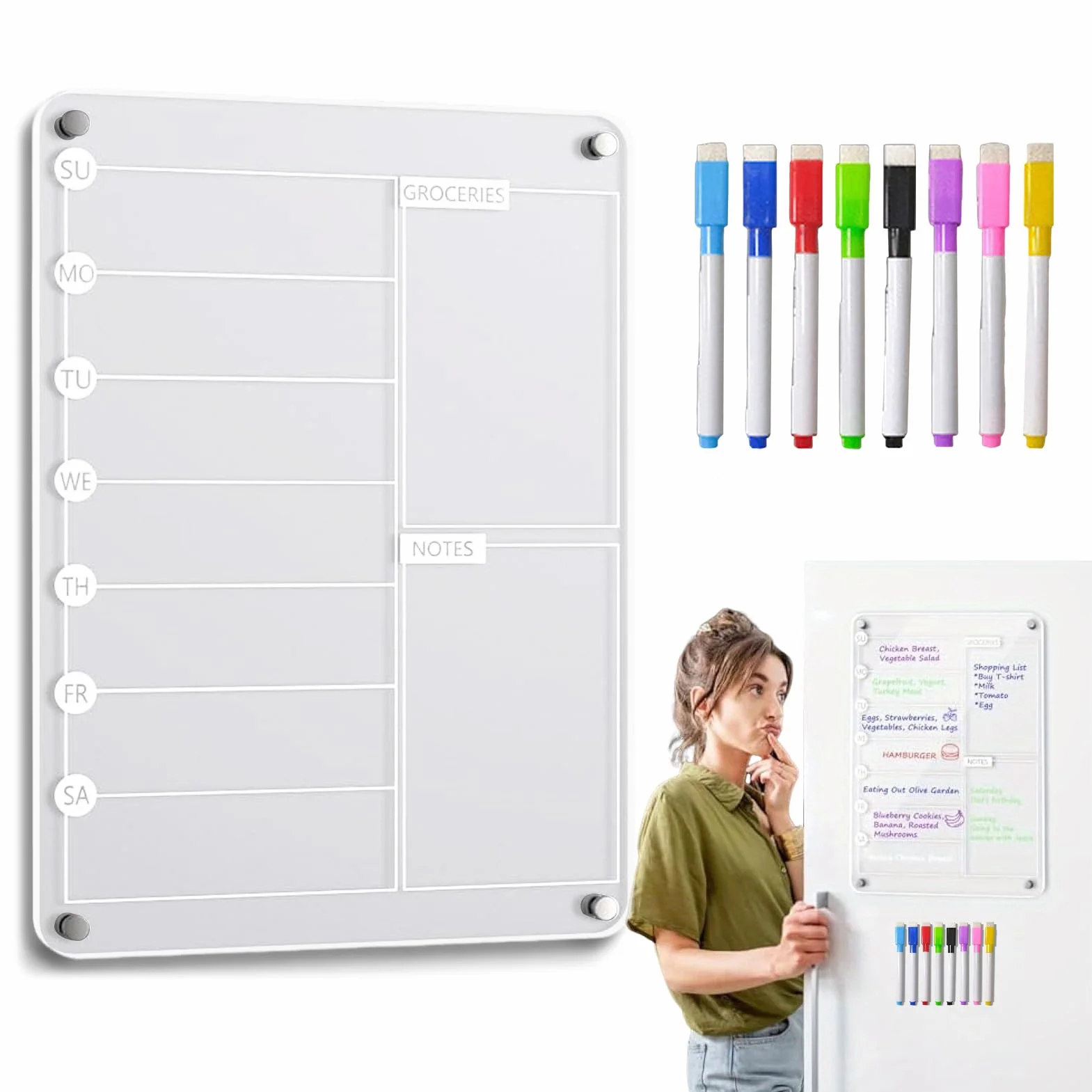Acrylic Meal Planner, Magnetic Whiteboard Weekly Planner with 8 Markers, Erasable Note board for Shopping List, Chore Chart, Groceries, Kitchen, Family, Apartment