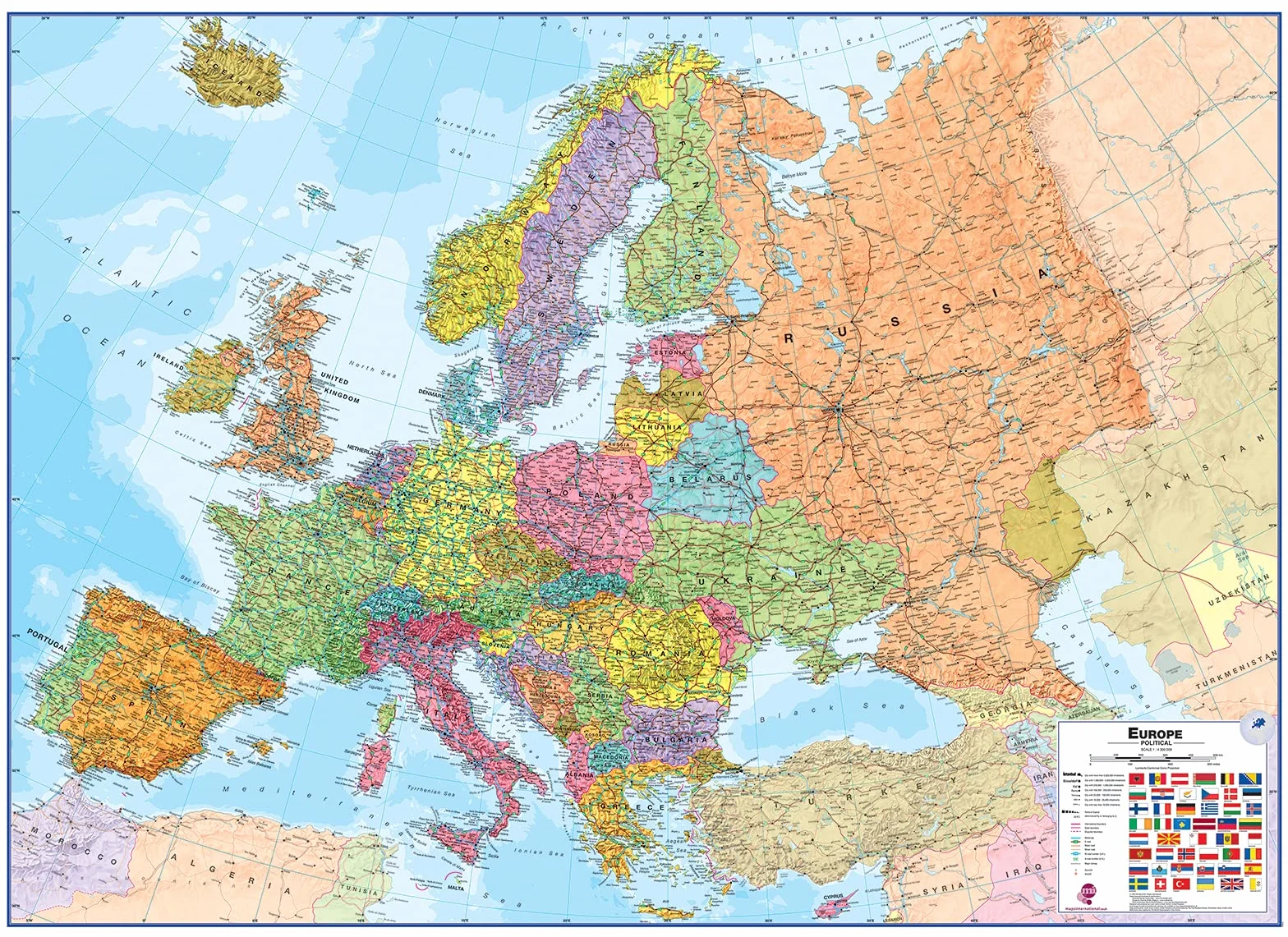 Maps International Duża mapa ścienna Europy (polityczna) - arkusz przedni laminowany - 118,9 cm (szer.) x 84,1 cm (wys.)
