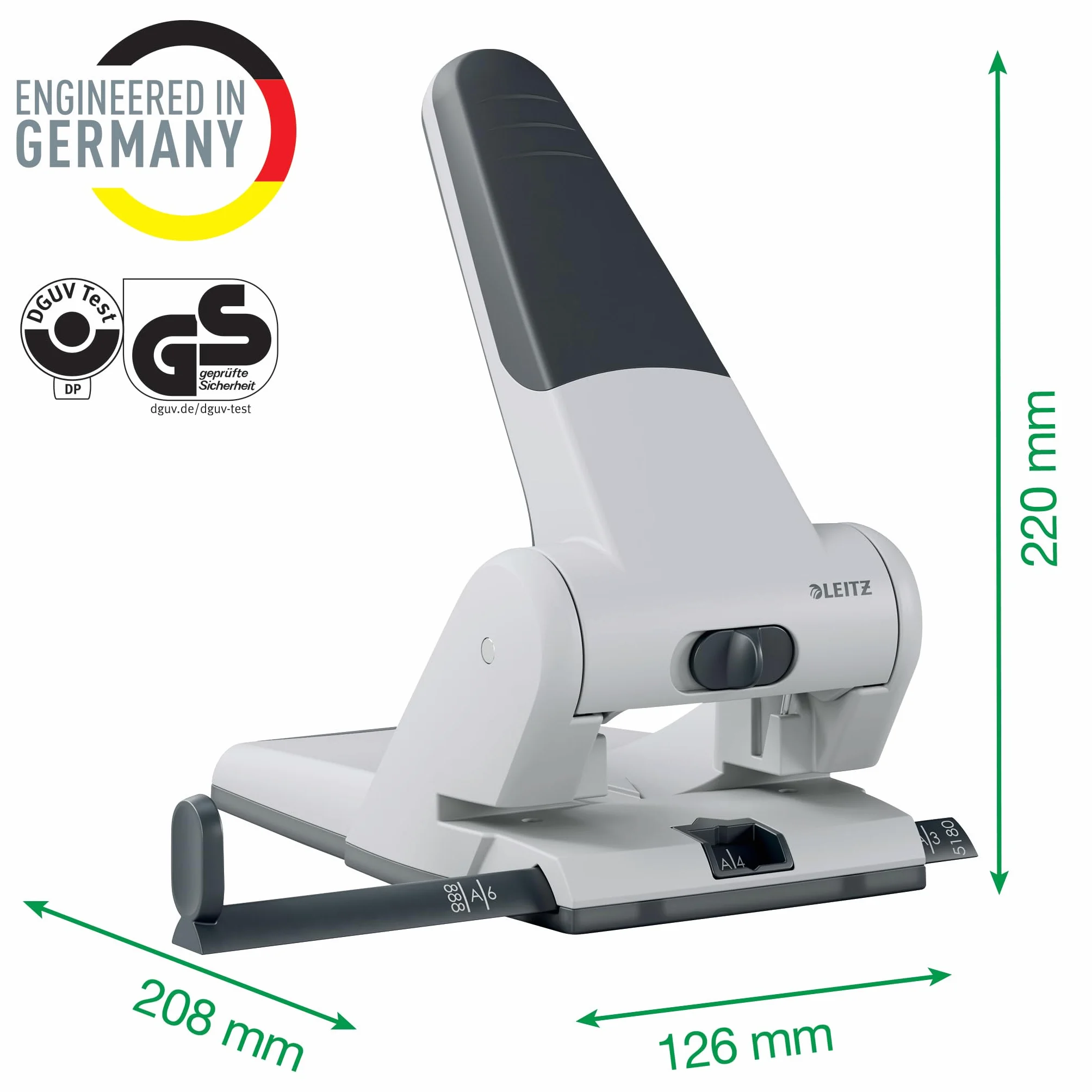 Leitz Bardzo mocny dziurkacz do rejestru, metal, nadaje się do 65 arkuszy, szyna ograniczająca z formatem, ergonomiczny kształt dzięki wgłębieniu uchwytu, niebieski, 51800035