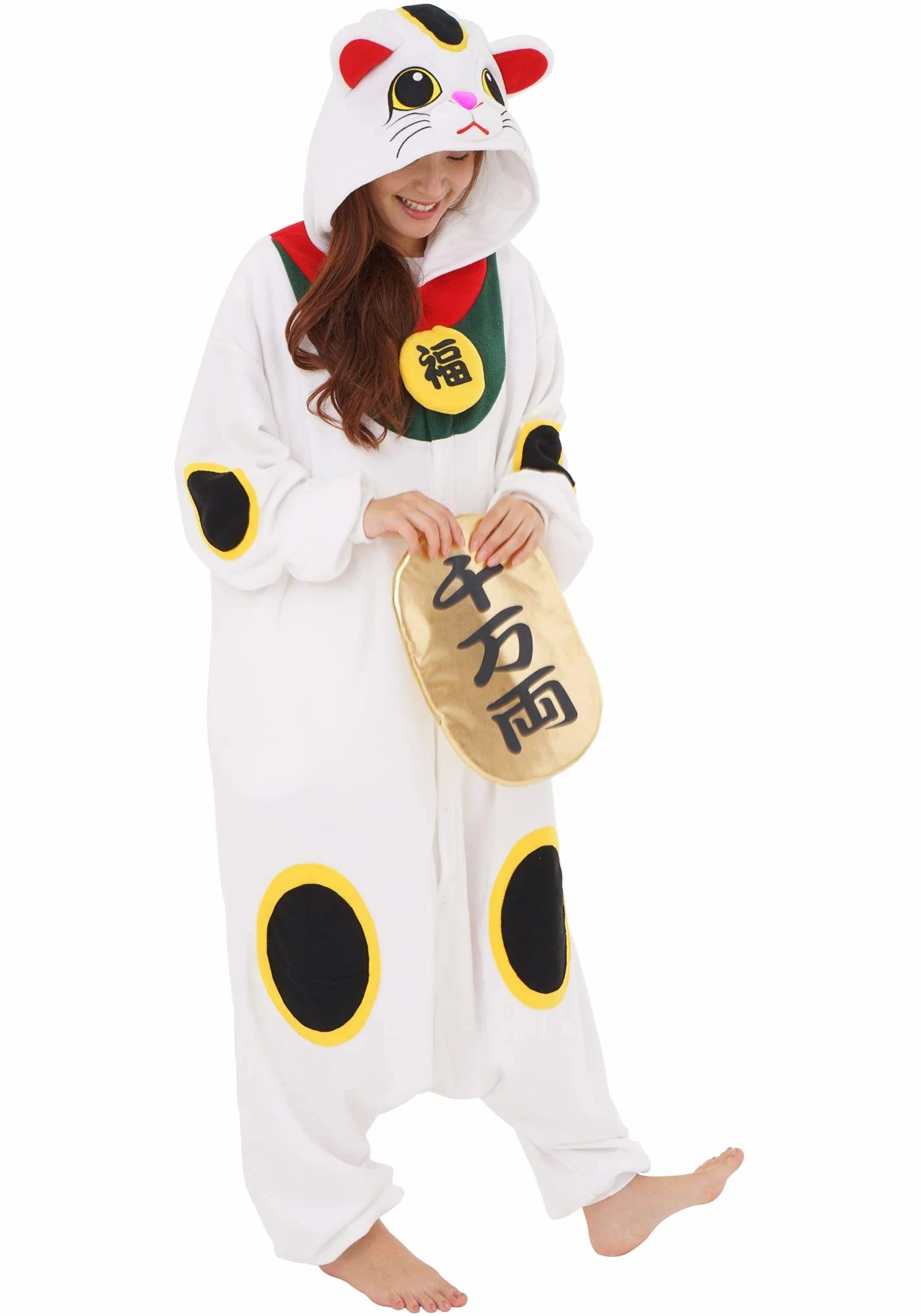 SAZAC Jednoczęściowy kombinezon jednoczęściowy z motywem kota Lucky Kigurumi, Maneki Neko Kigurumi, Halloween, karnawał, dla dzieci i dorosłych, jeden rozmiar pasuje do wszystkich (155-180 cm)